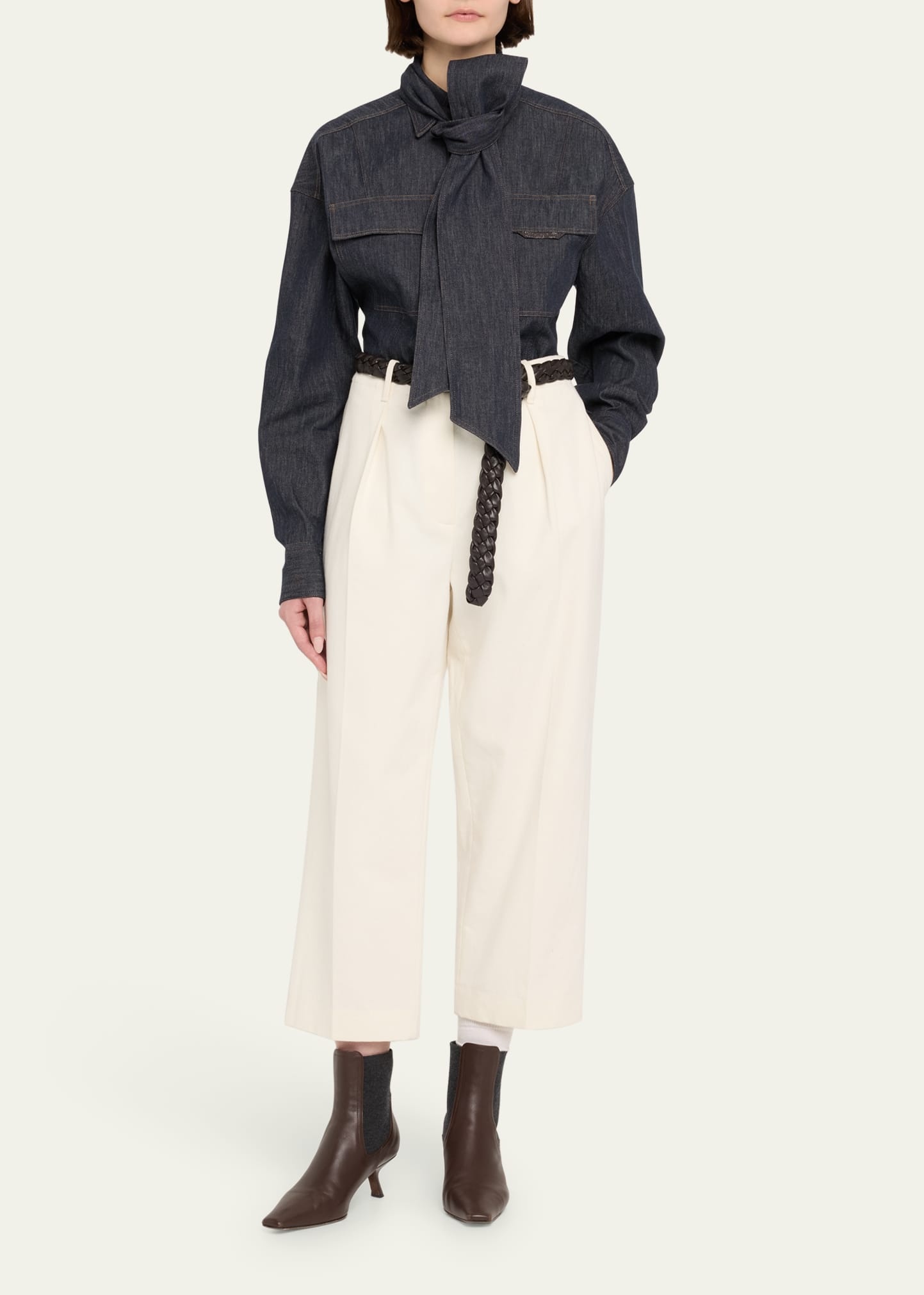 Lightweight Denim Shirt With Removable Bow - 2