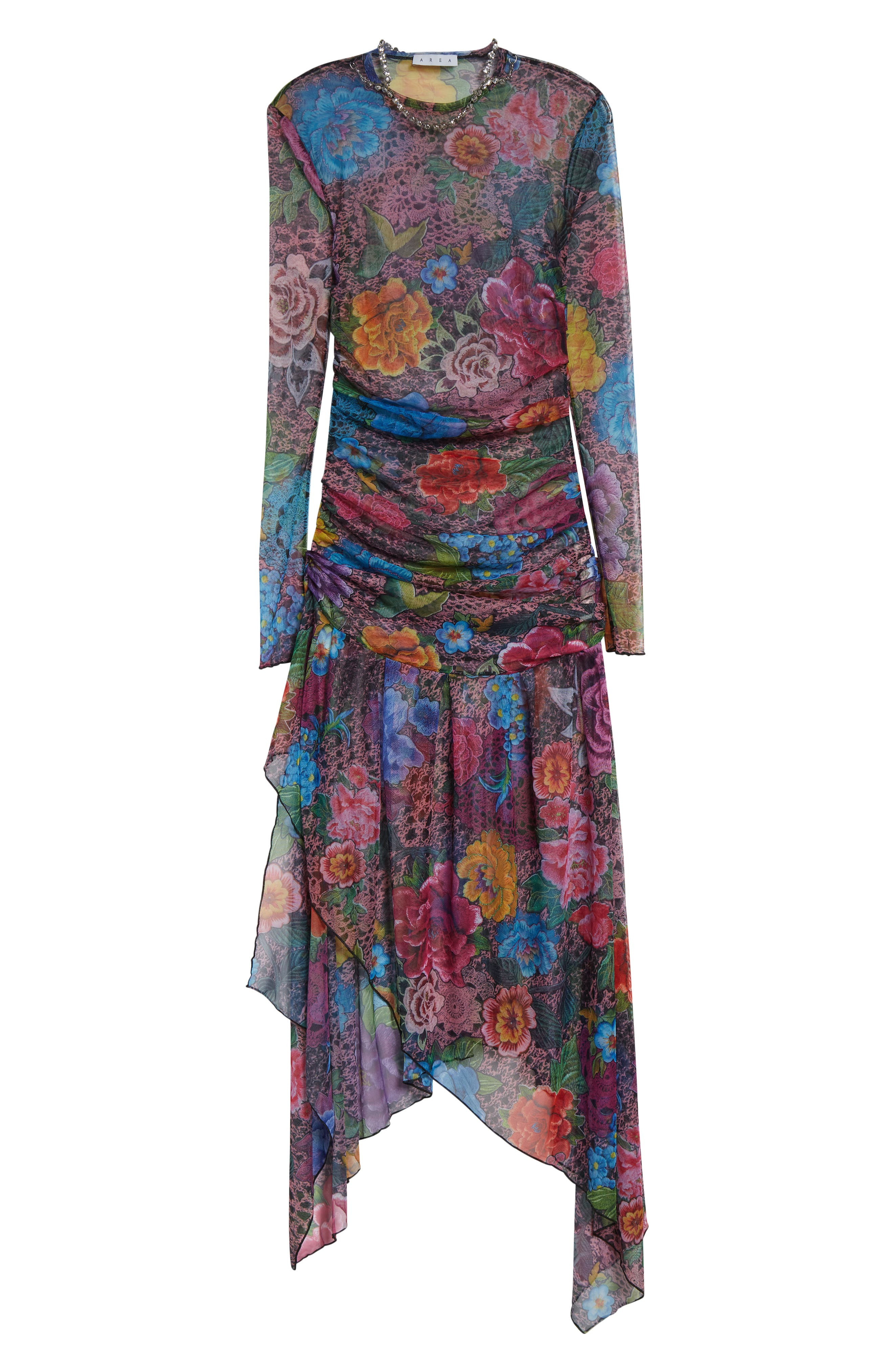 Area Crystal Embellished Floral Long Sleeve Tulle Midi Dress in Pink Multi at Nordstrom - 5
