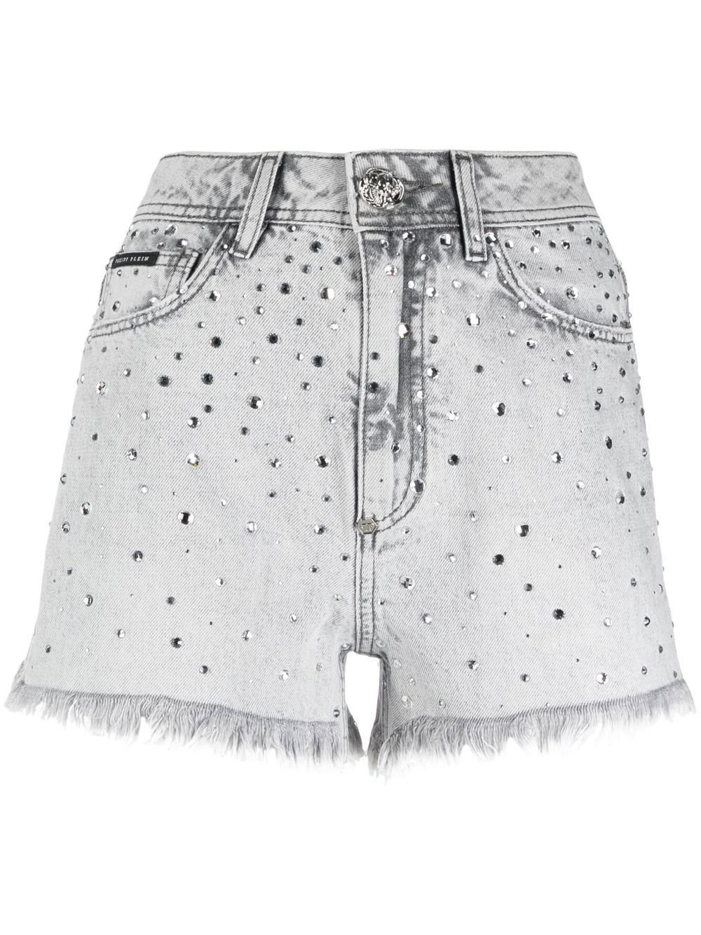 frayed crystal-embellished denim shorts - 1