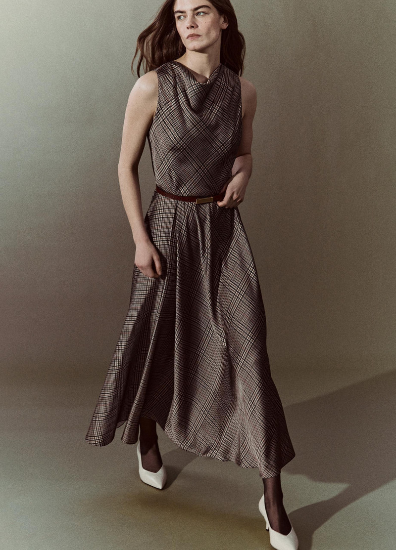 Pressed Plaid Satin Cowl-Neck Dress 5