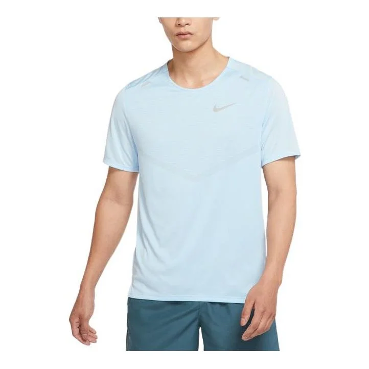 Men's Nike Dri-FIT Rise 365 Back Printing Pattern Round Neck Pullover Short Sleeve Blue T-Shirt DX61 - 1