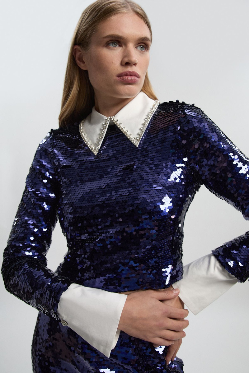Sequin Woven Long Sleeve Woven Cropped Top 1
