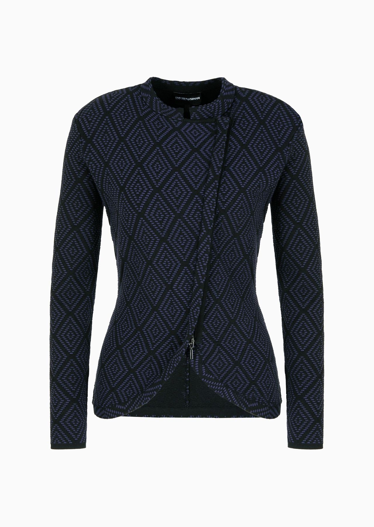Stretch knit jacket with diagonal zip and jacquard diamond motif - 1