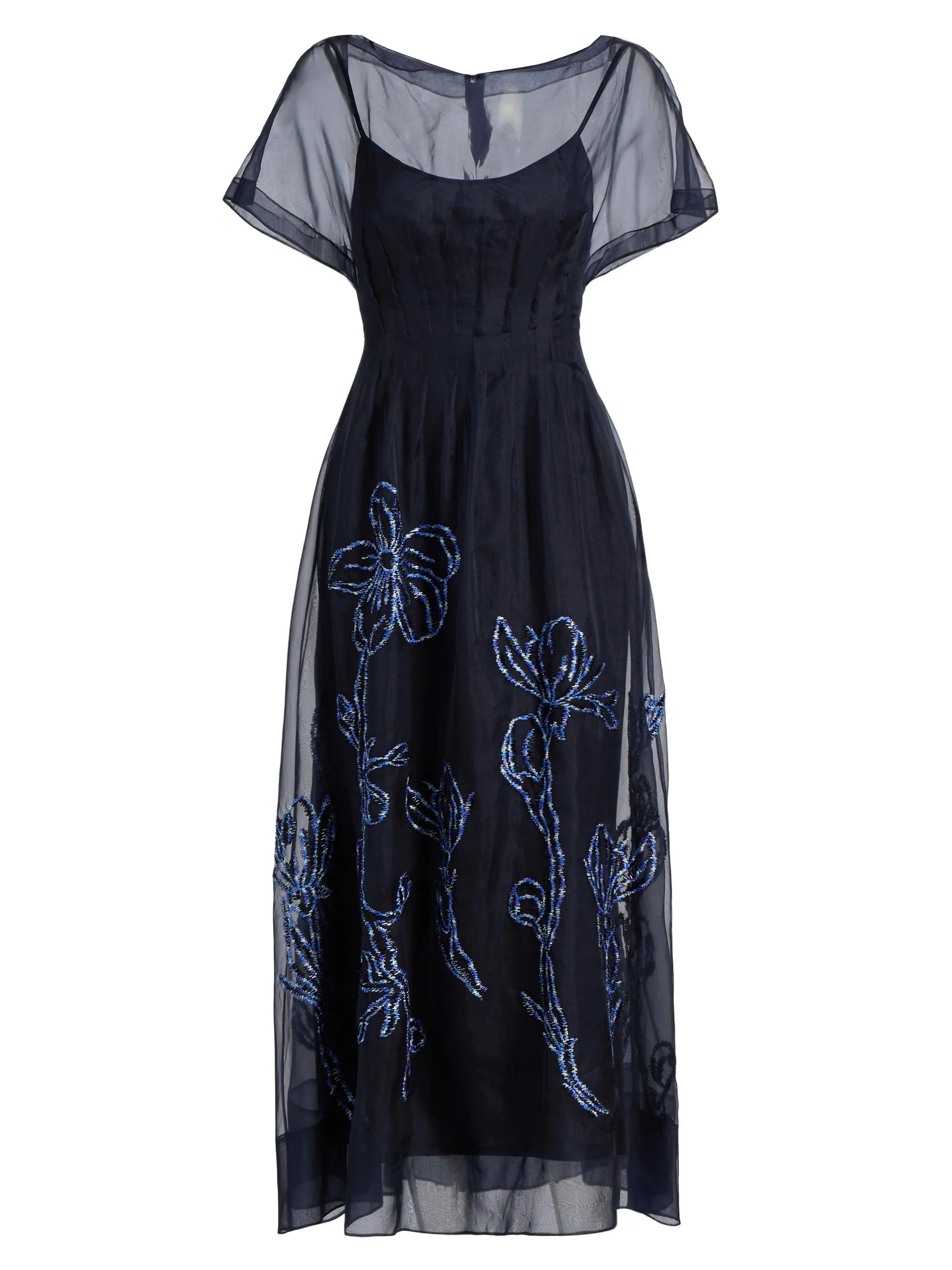 Women's Floral-Embroidered Organza Cocktail Dress - Navy Blue - 1