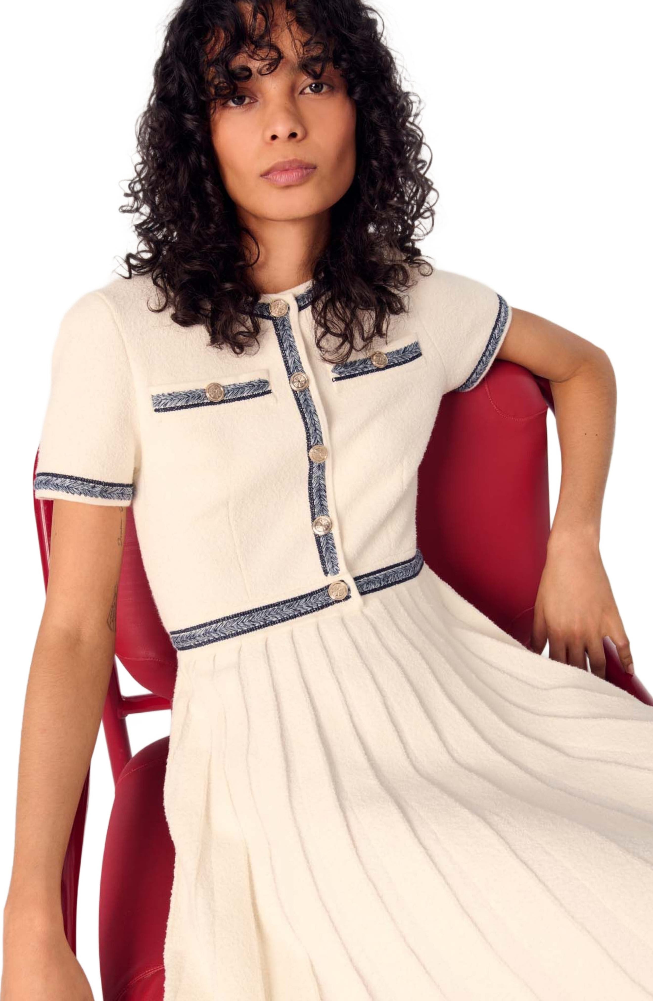maje Pleated knit short dress in Ecru at Nordstrom - 8