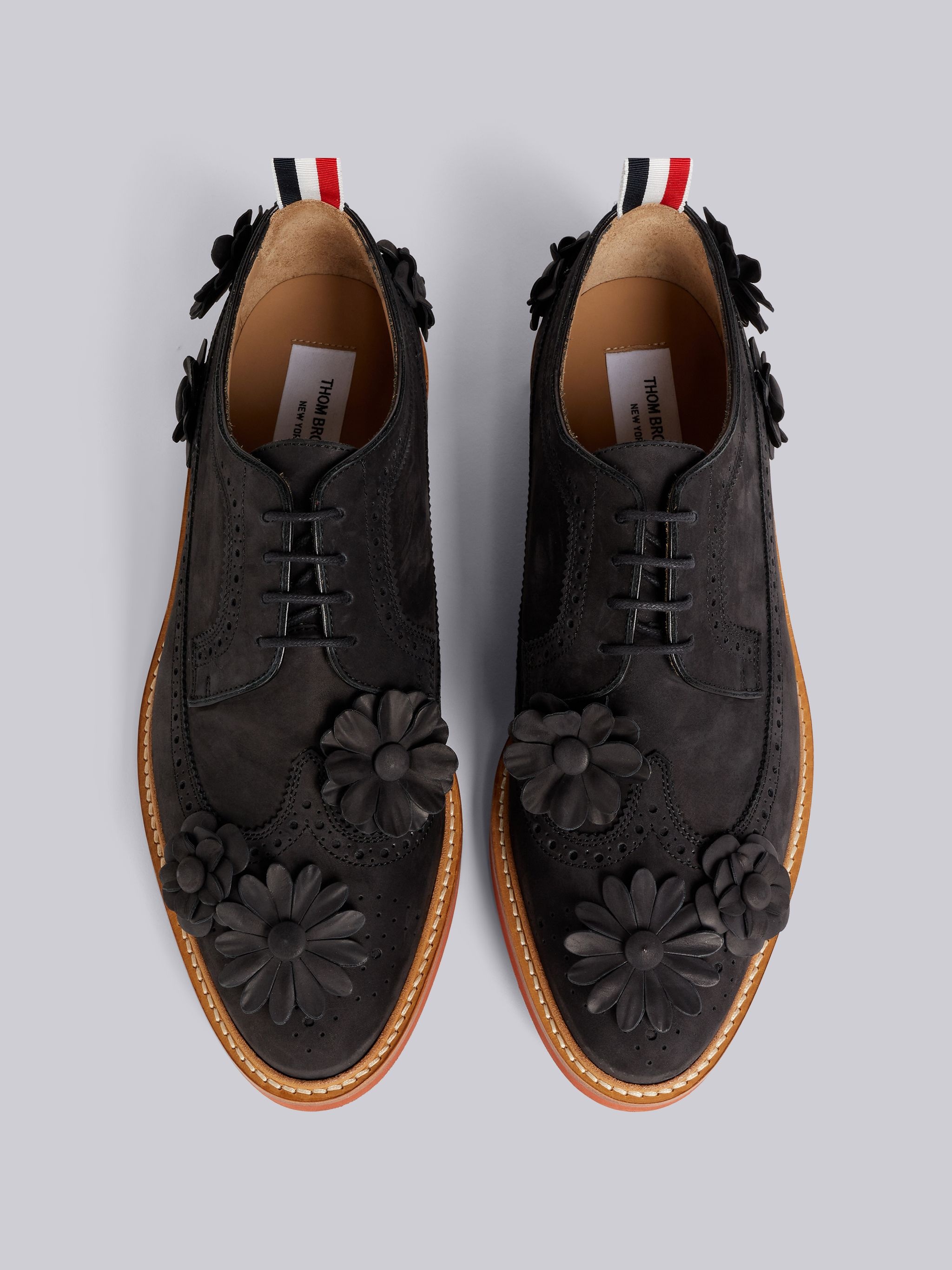 Black Fine Kid Suede Floral Applique Micro Sole Longwing Brogue - 4