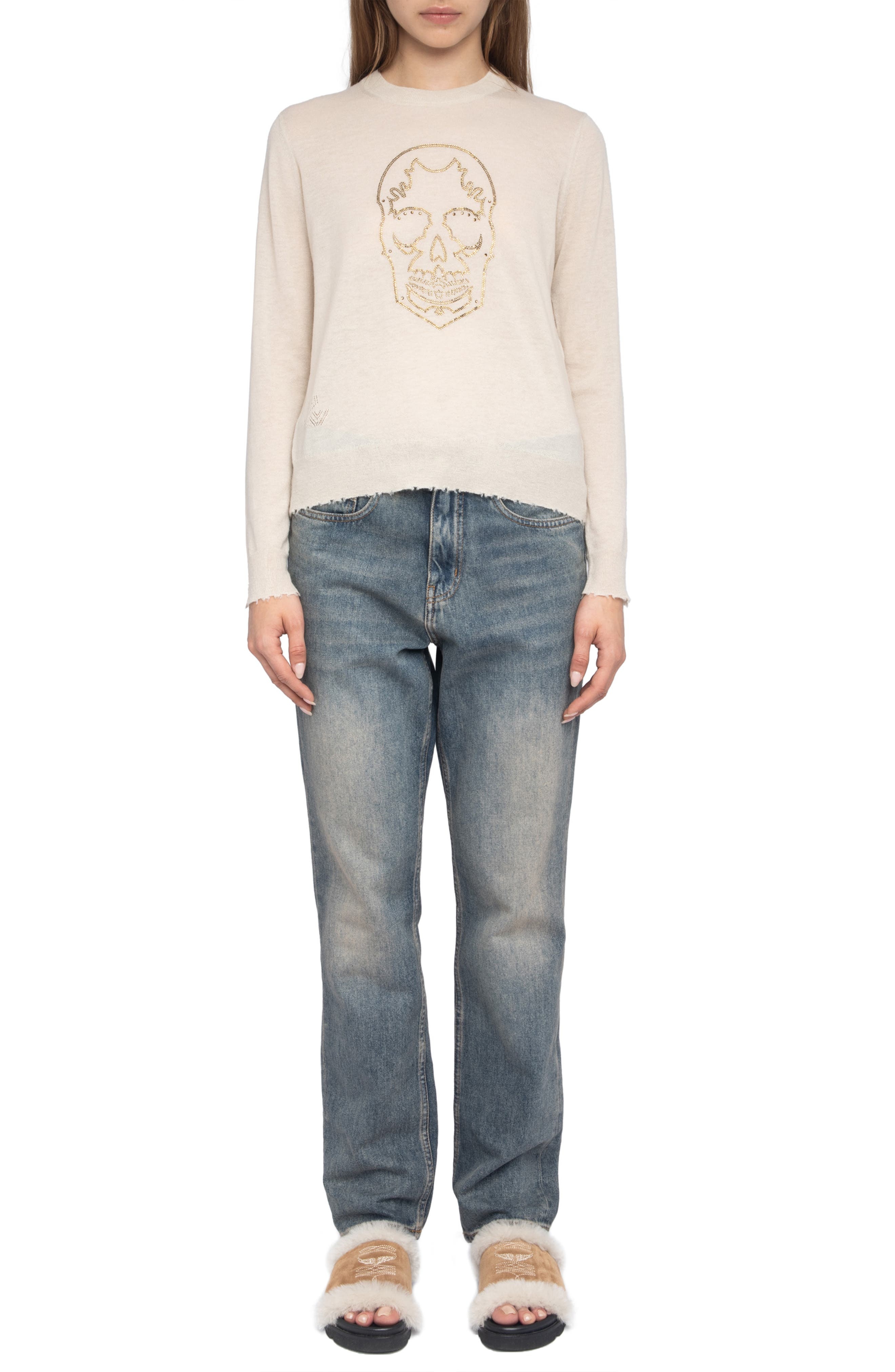 Zadig & Voltaire West Strass Rhinestone Skull Cashmere Sweater in Ecru at Nordstrom - 7