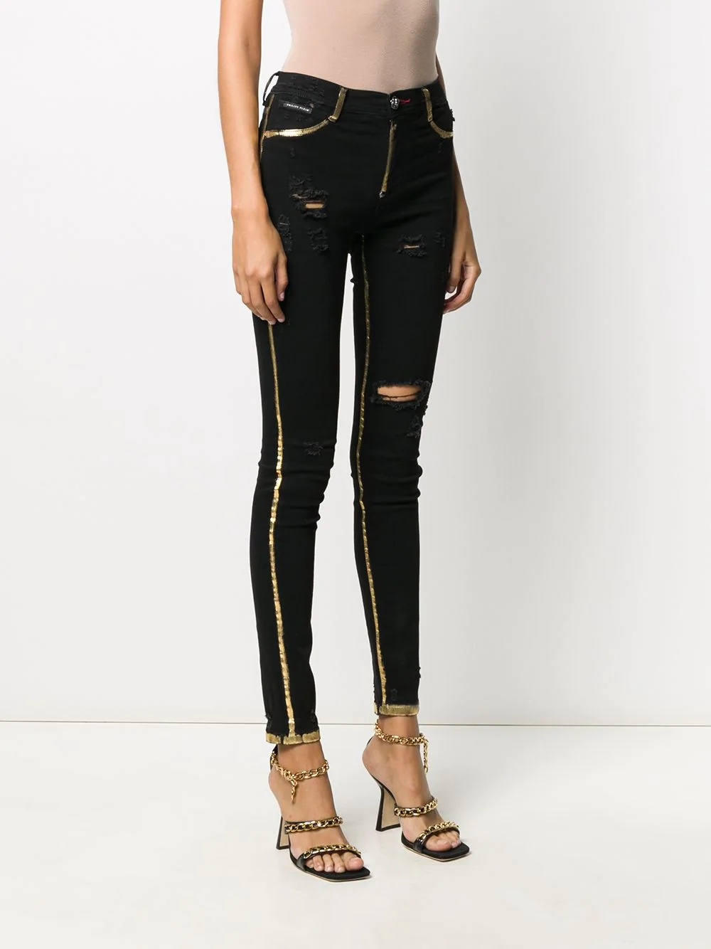 distressed gold-tone denim leggings - 3