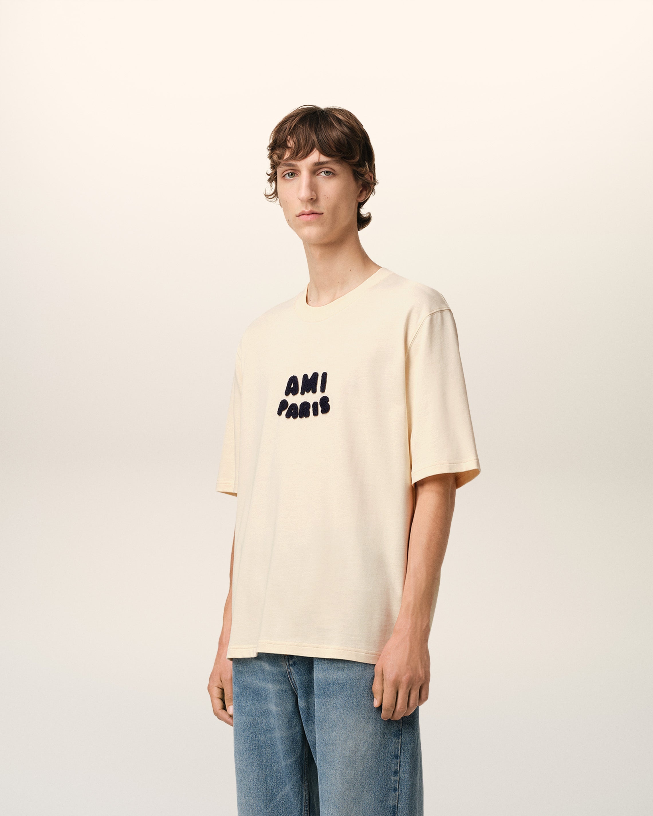 BEIGE COTTON AMI PARIS PATCH T-SHIRT - 5