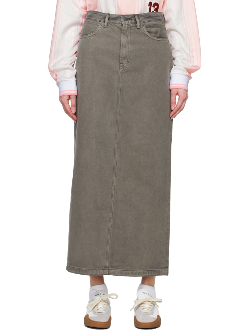 Gray Faded Denim Maxi Skirt - 1