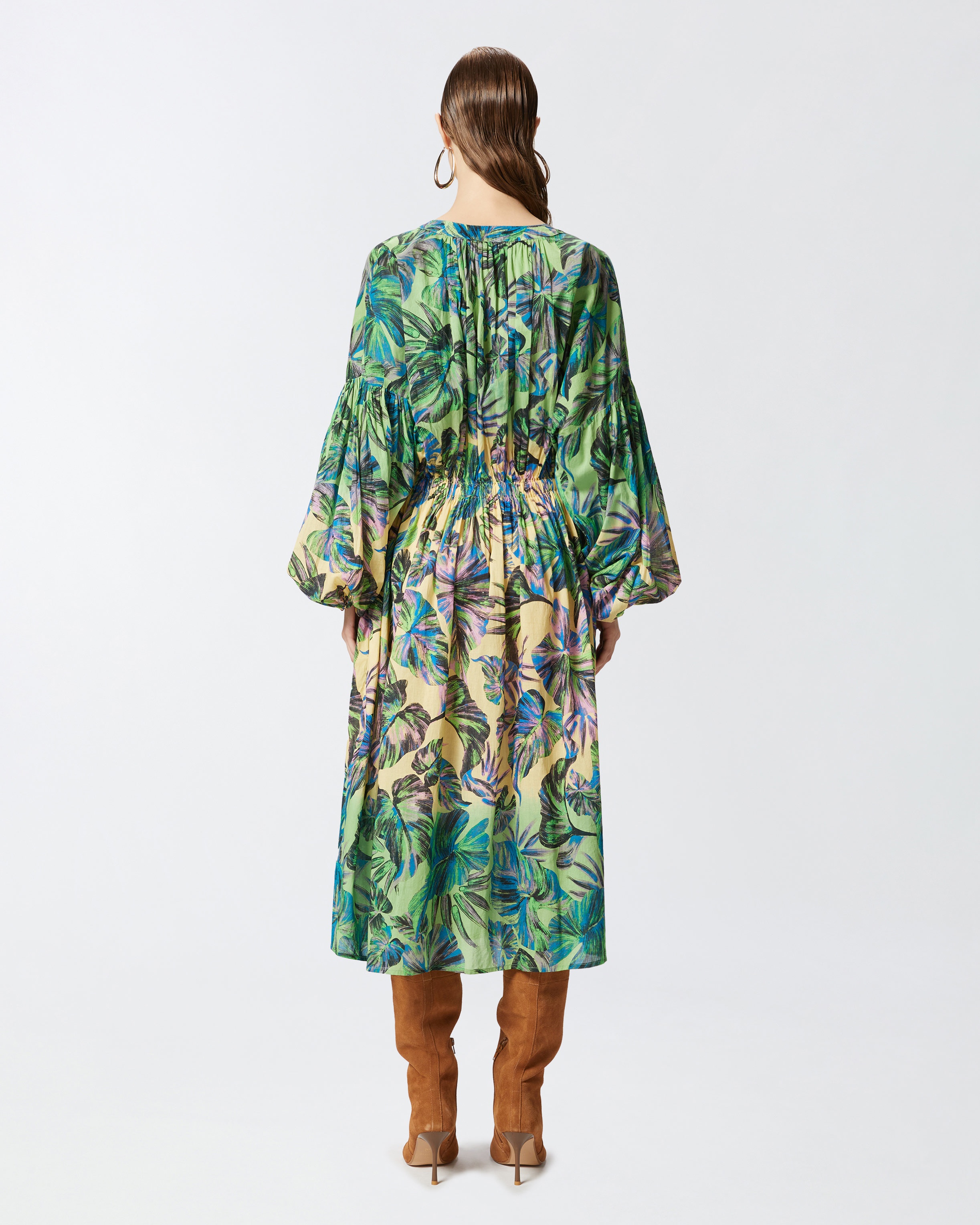 WIDE MIDI DRESS WITH TROPICAL-LEAF MOTIF - 4
