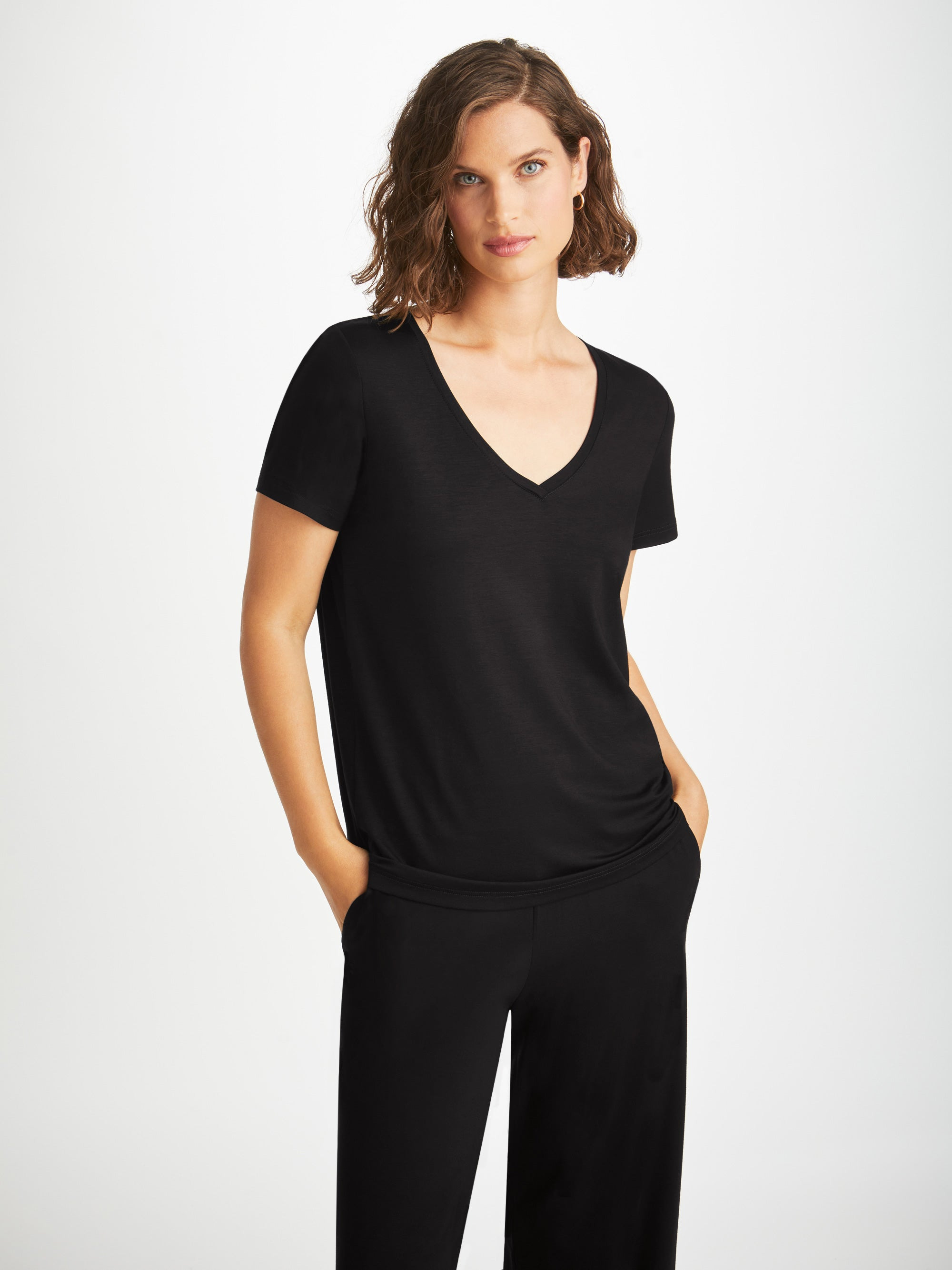 Women's V-Neck T-Shirt Lara Micro Modal Stretch Black - 3