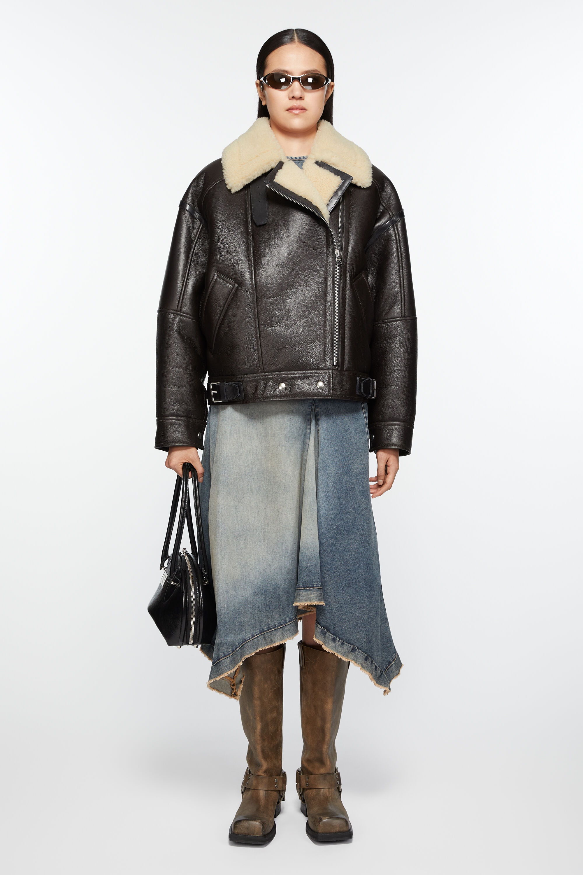 Leather shearling jacket - Dark brown/beige - 2
