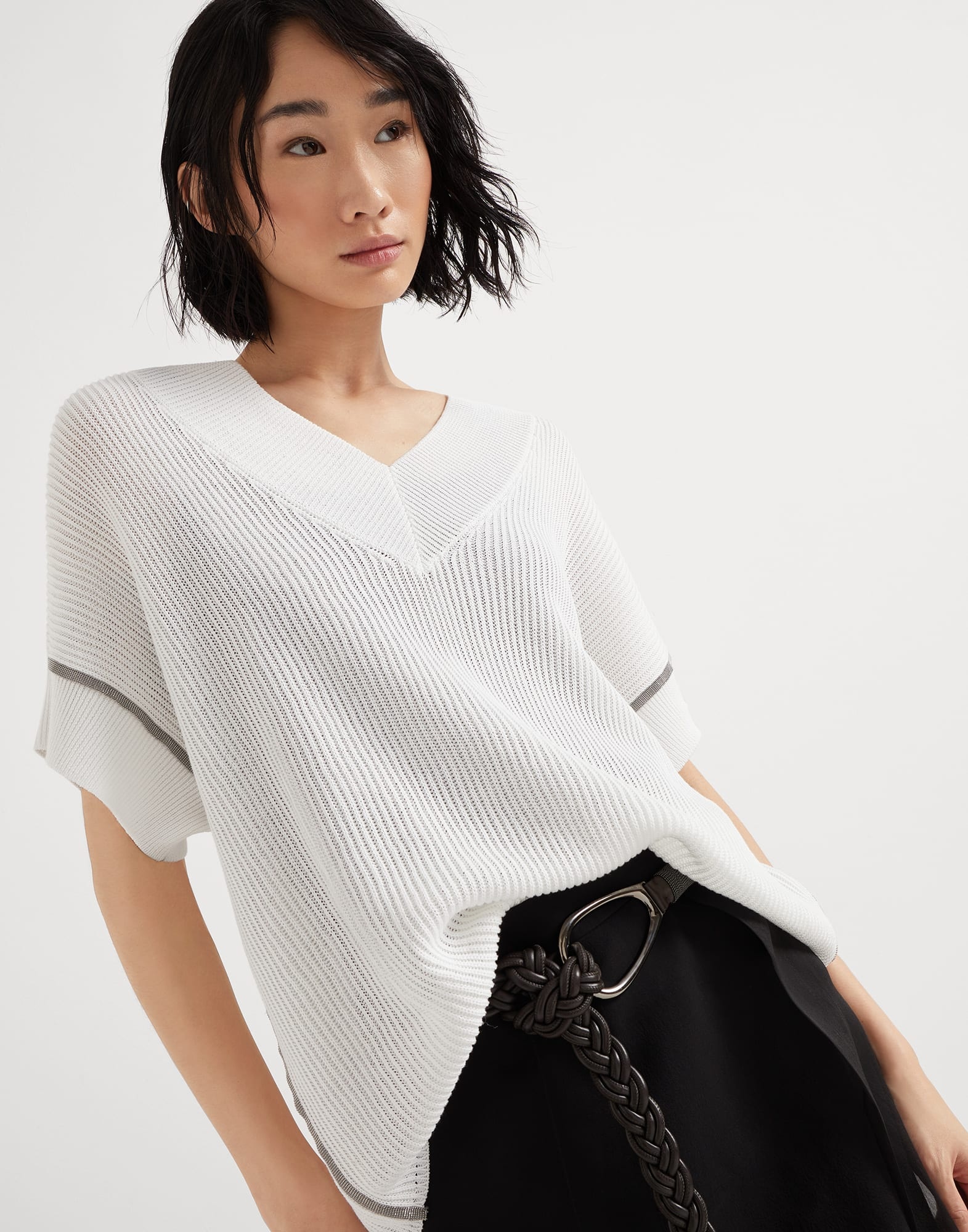 Cotton English rib knit T-shirt with precious trims - 4
