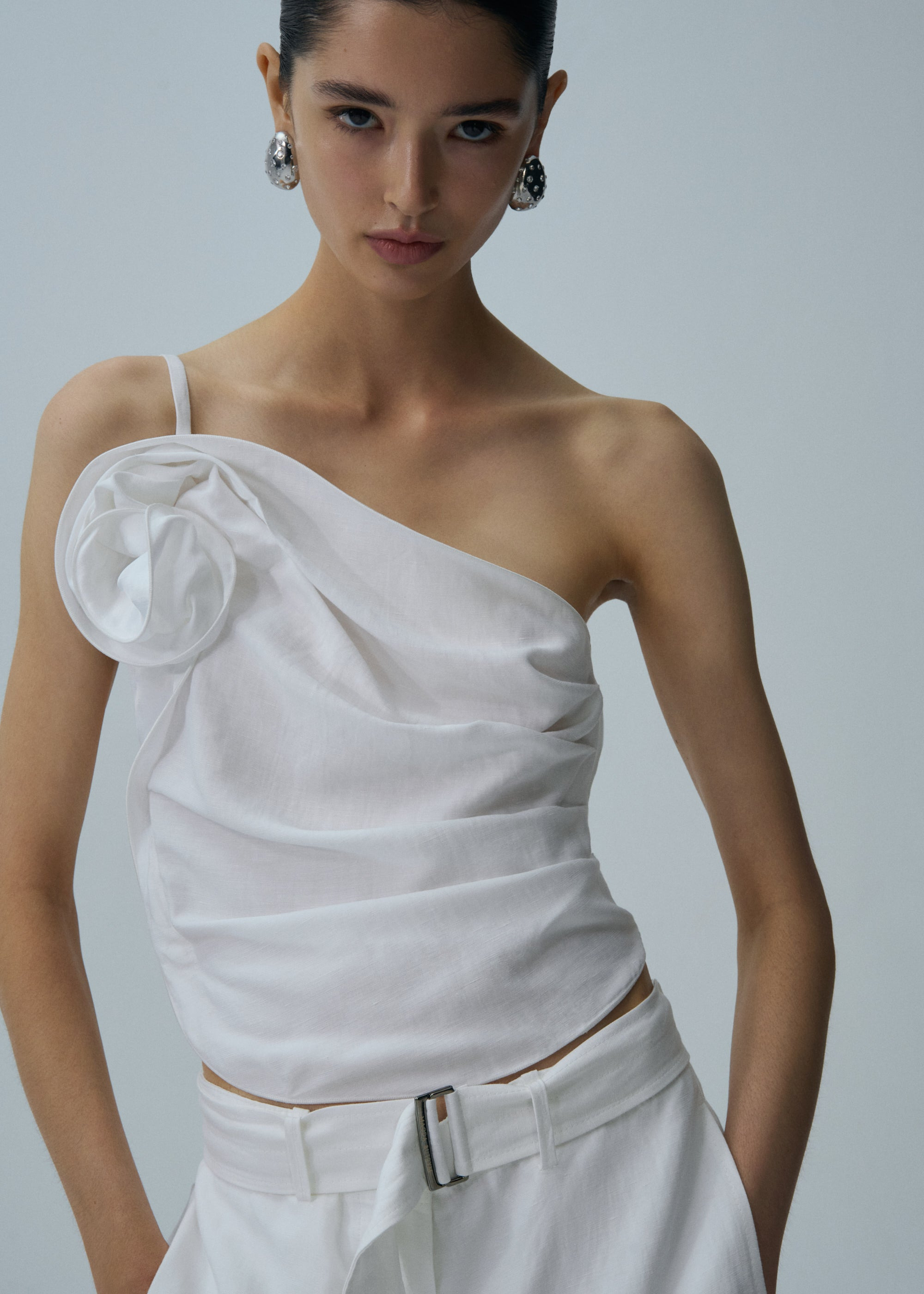 One shoulder draped top in white - 3