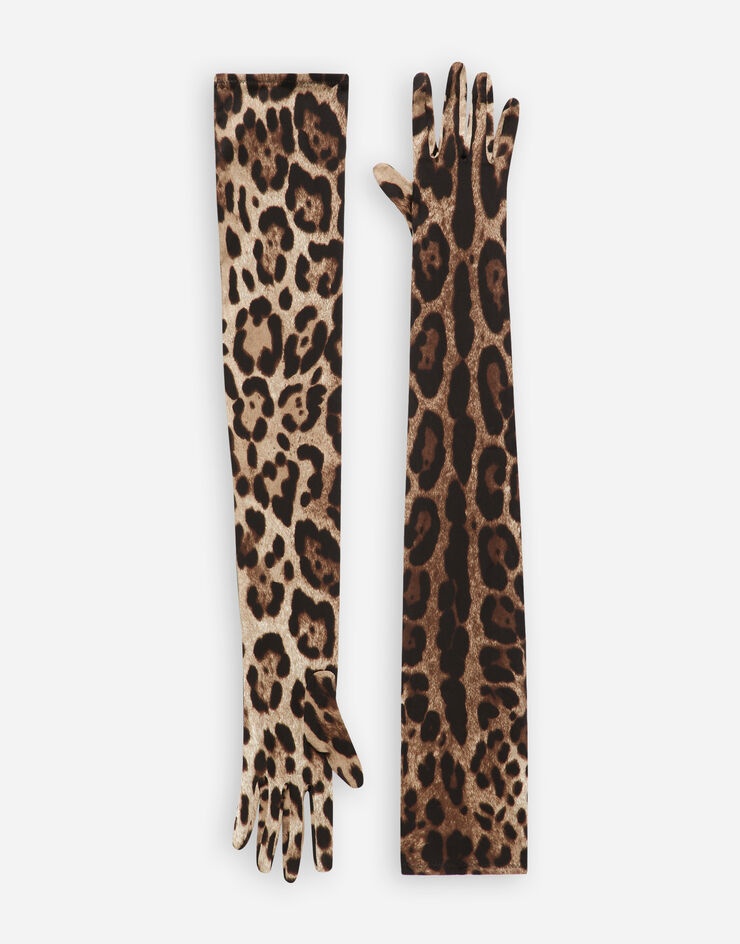 Long leopard-print stretch satin gloves - 1