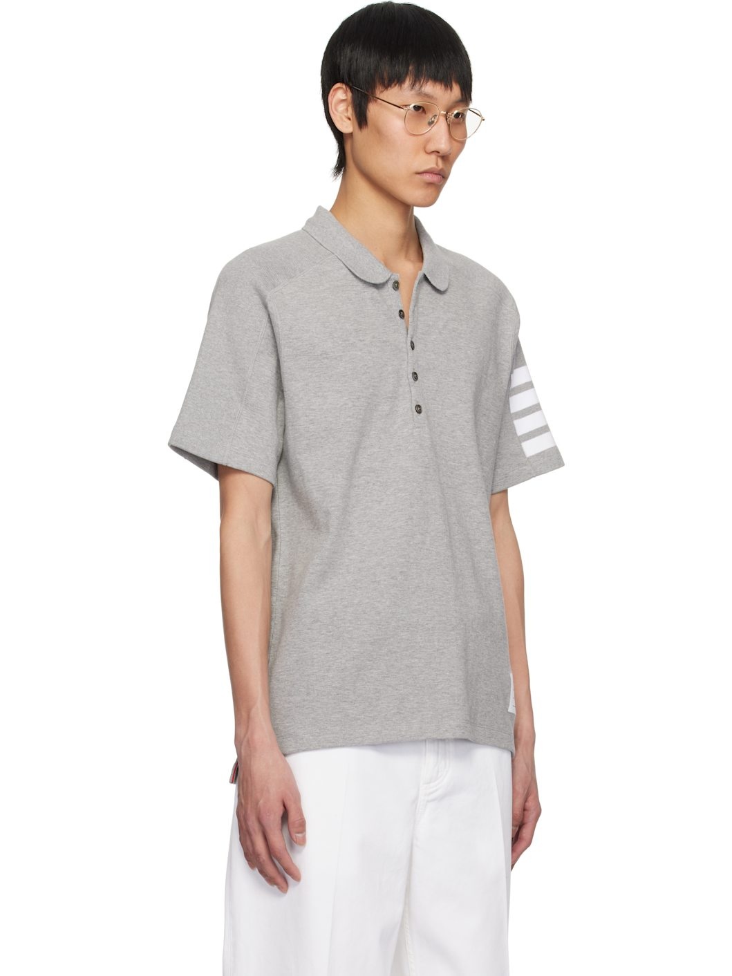 Gray Cotton 4-Bar Short Sleeve Polo - 2