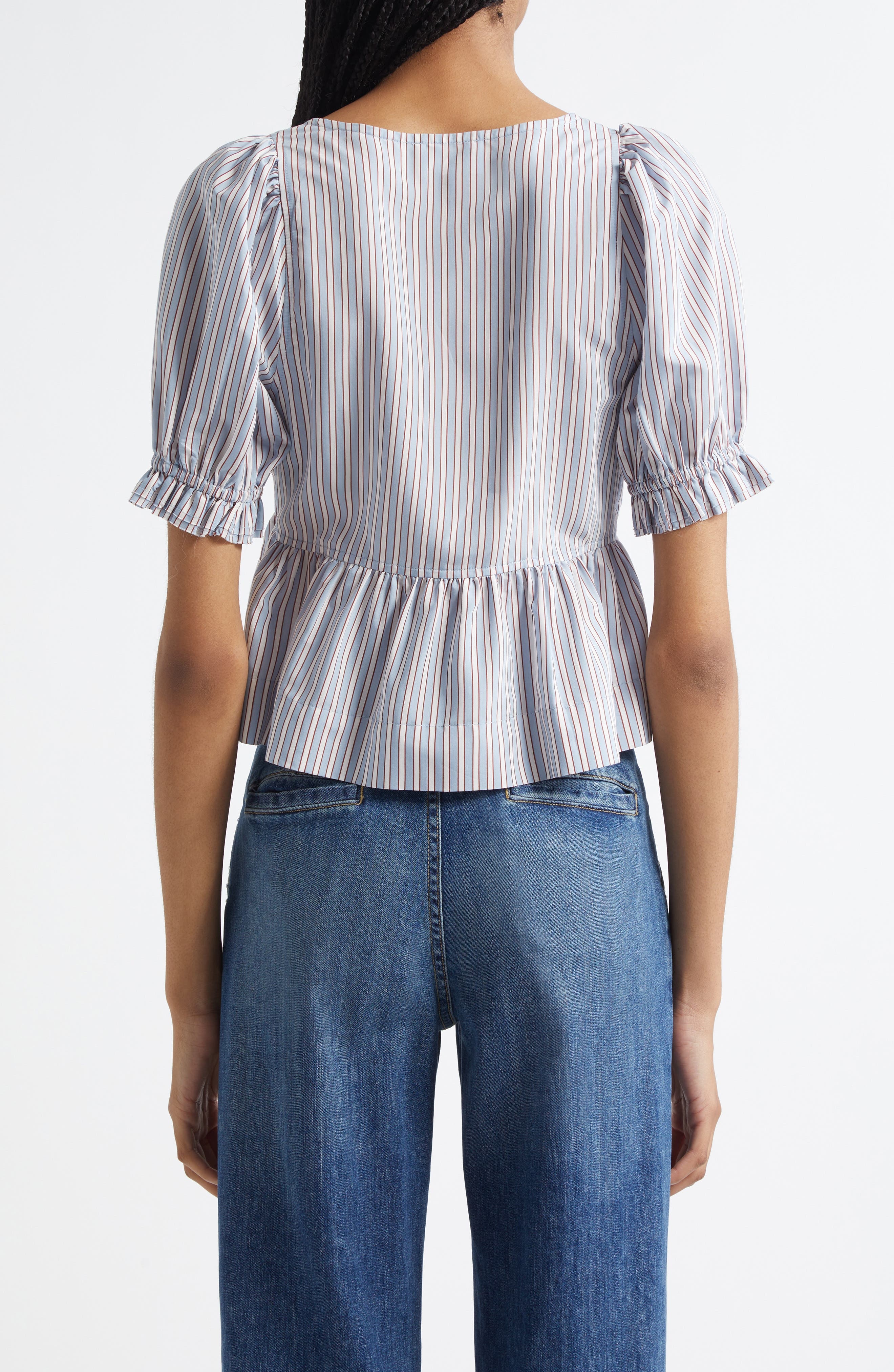 Ganni Yarn Dye Flounce Puff Sleeve Top in Soft Chambray at Nordstrom - 2