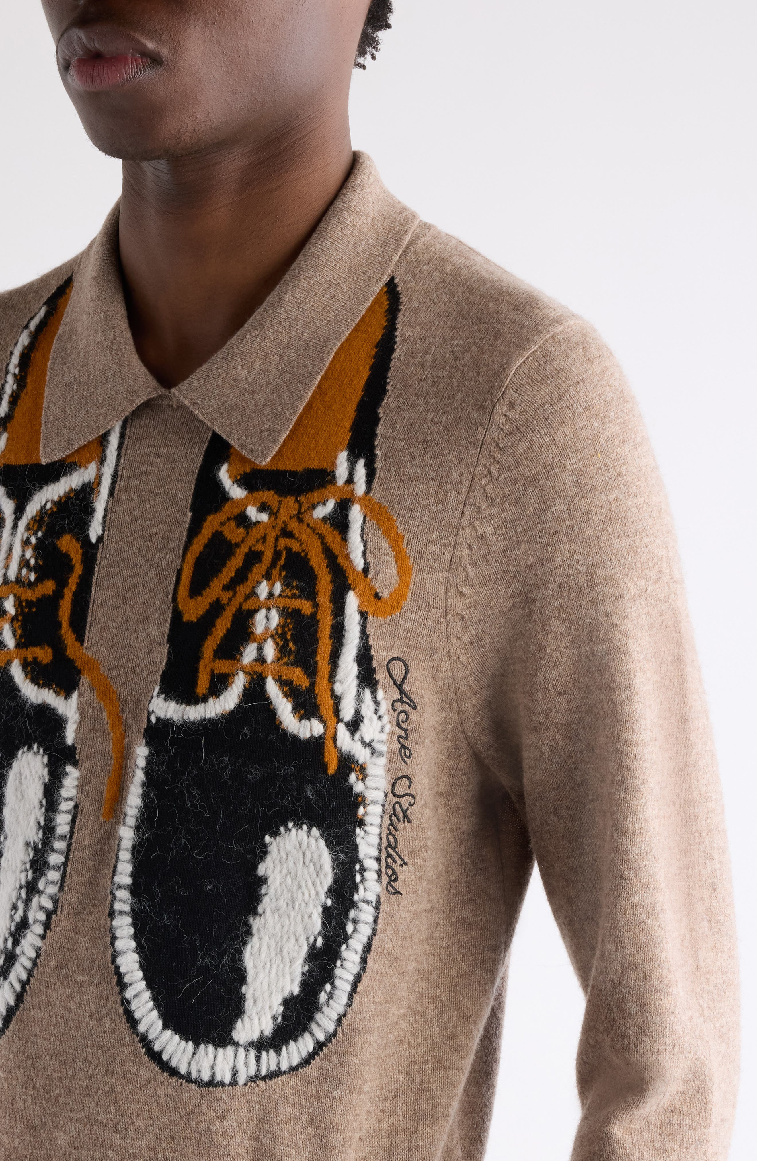 Acne Studios Klastron Shoes Intarsia Richard wool & Yak Hair Blend Polo Sweater in Greige Melange at - 5
