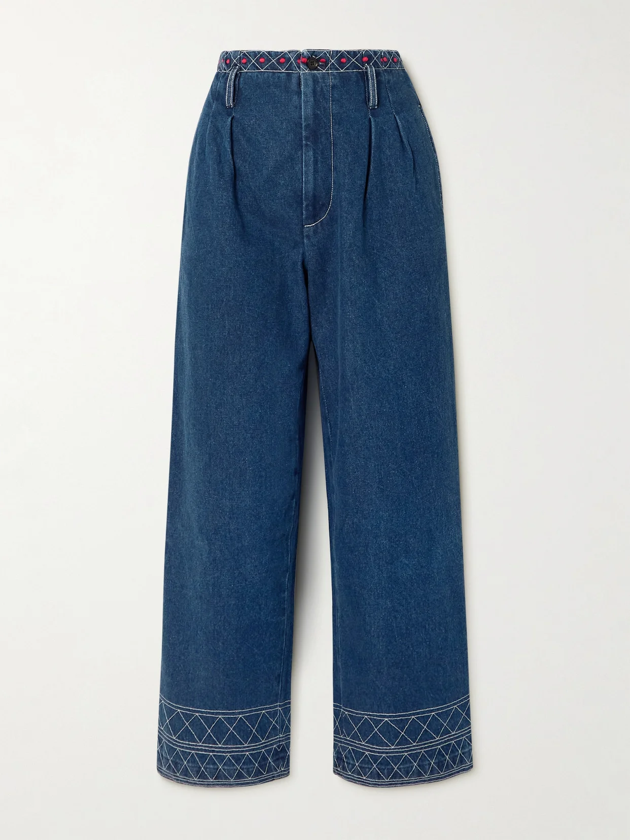 Murray High-rise Pleated Embroidered Wide-leg Jeans - 1