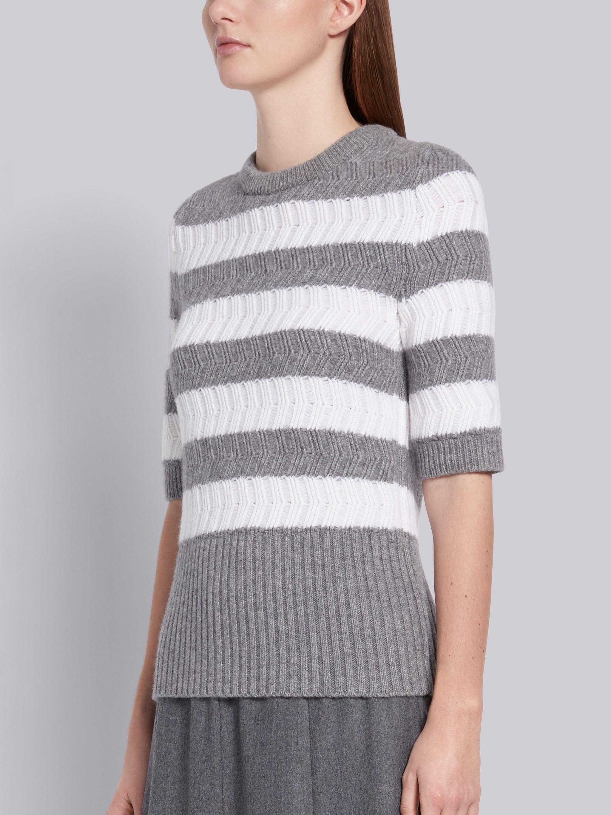 Light Grey Cashmere Rackiting Stich Striped Crewneck Short Sleeve Tee - 2