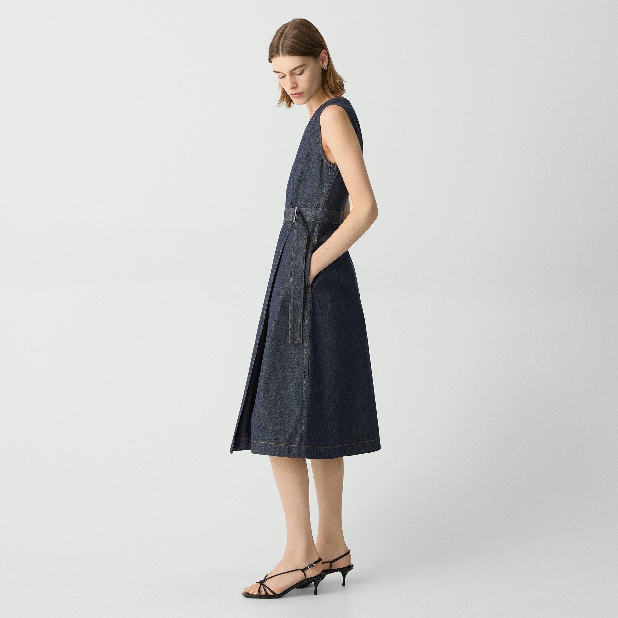 Sleeveless A-Line Wrap Dress in Denim - 3