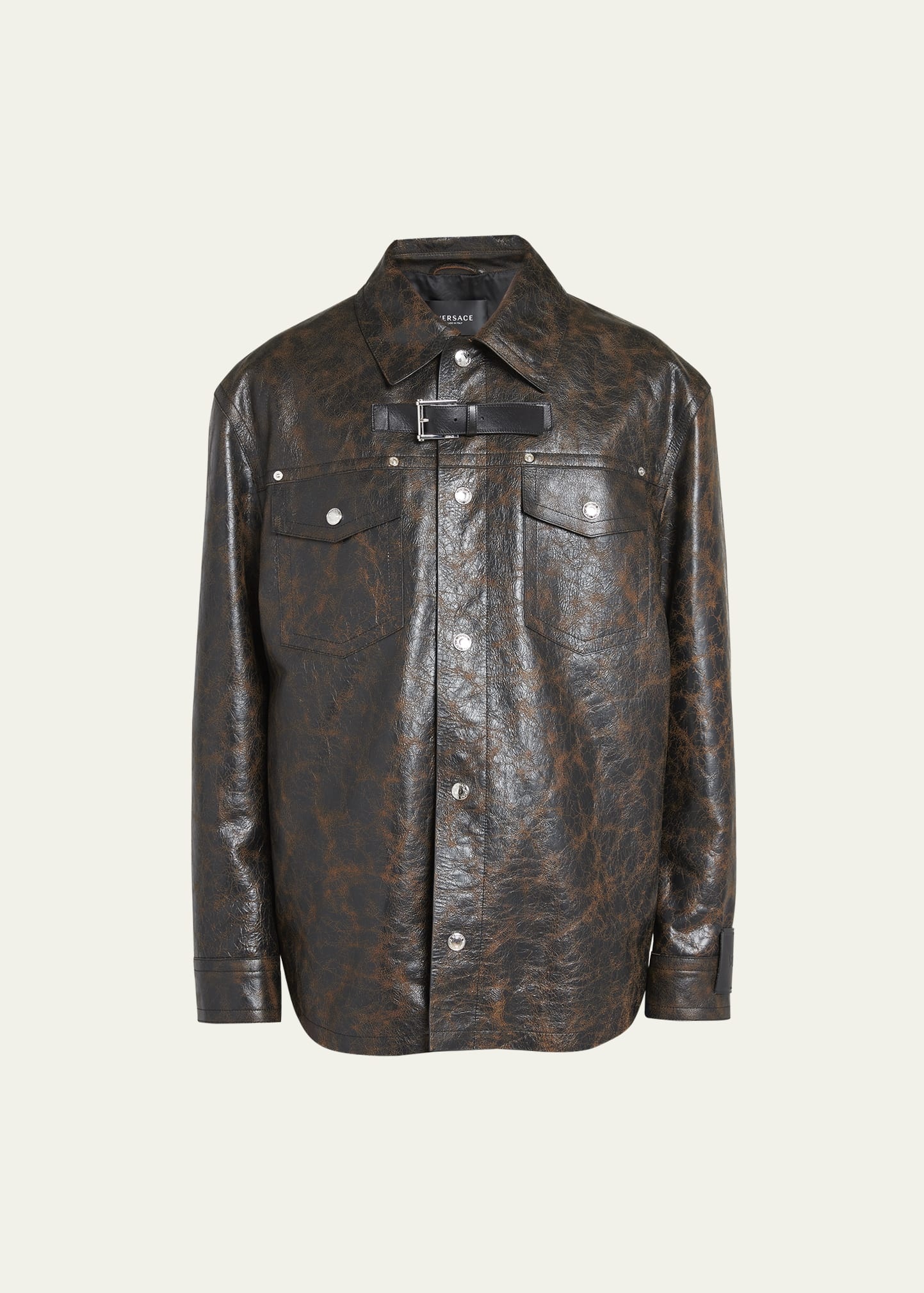 Men's Crackled Leather Caban Coat - 1