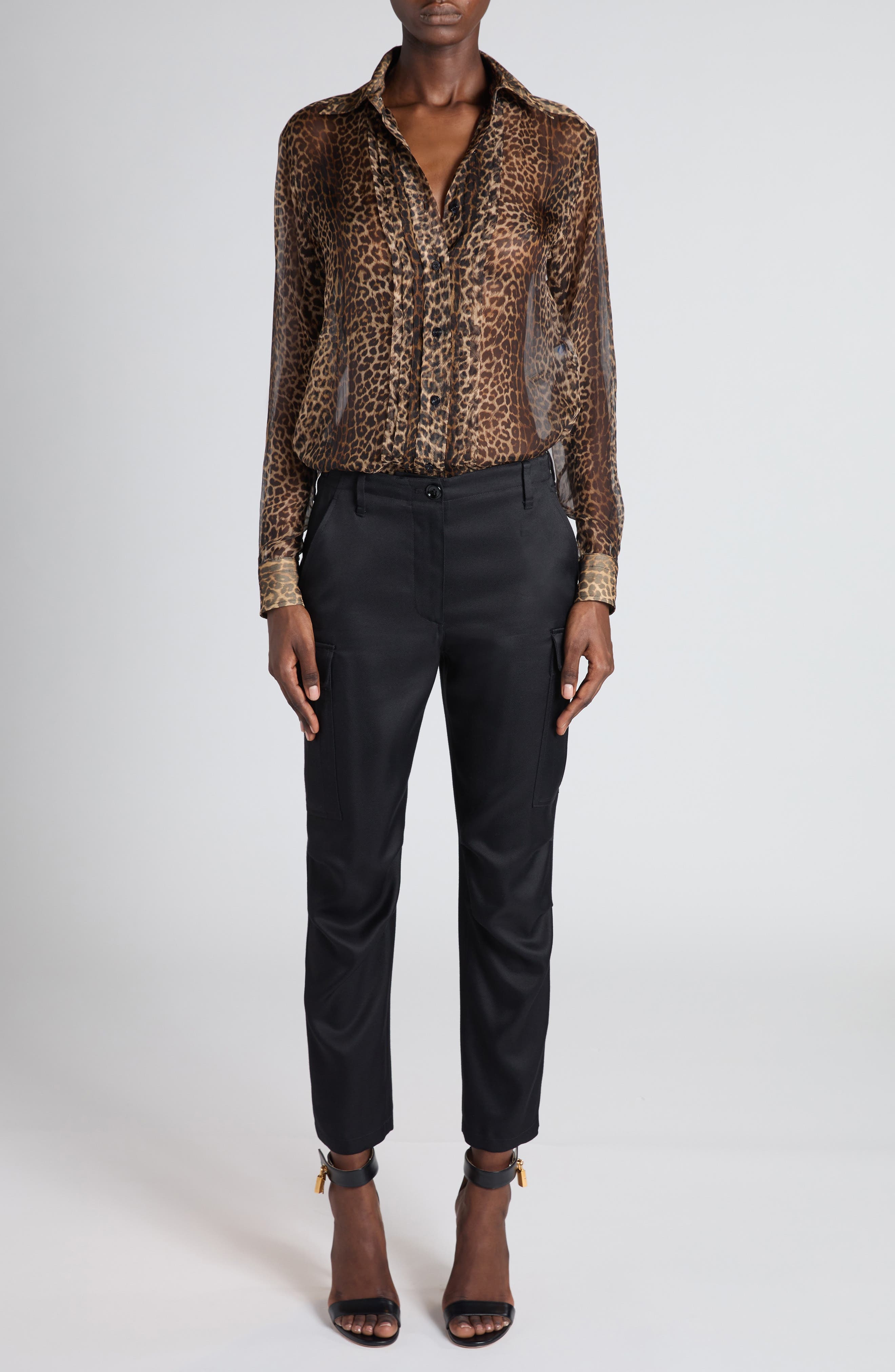 TOM FORD Leopard Print Silk Chiffon & Crepe Shirt in Leopard Brown/Black at Nordstrom - 2
