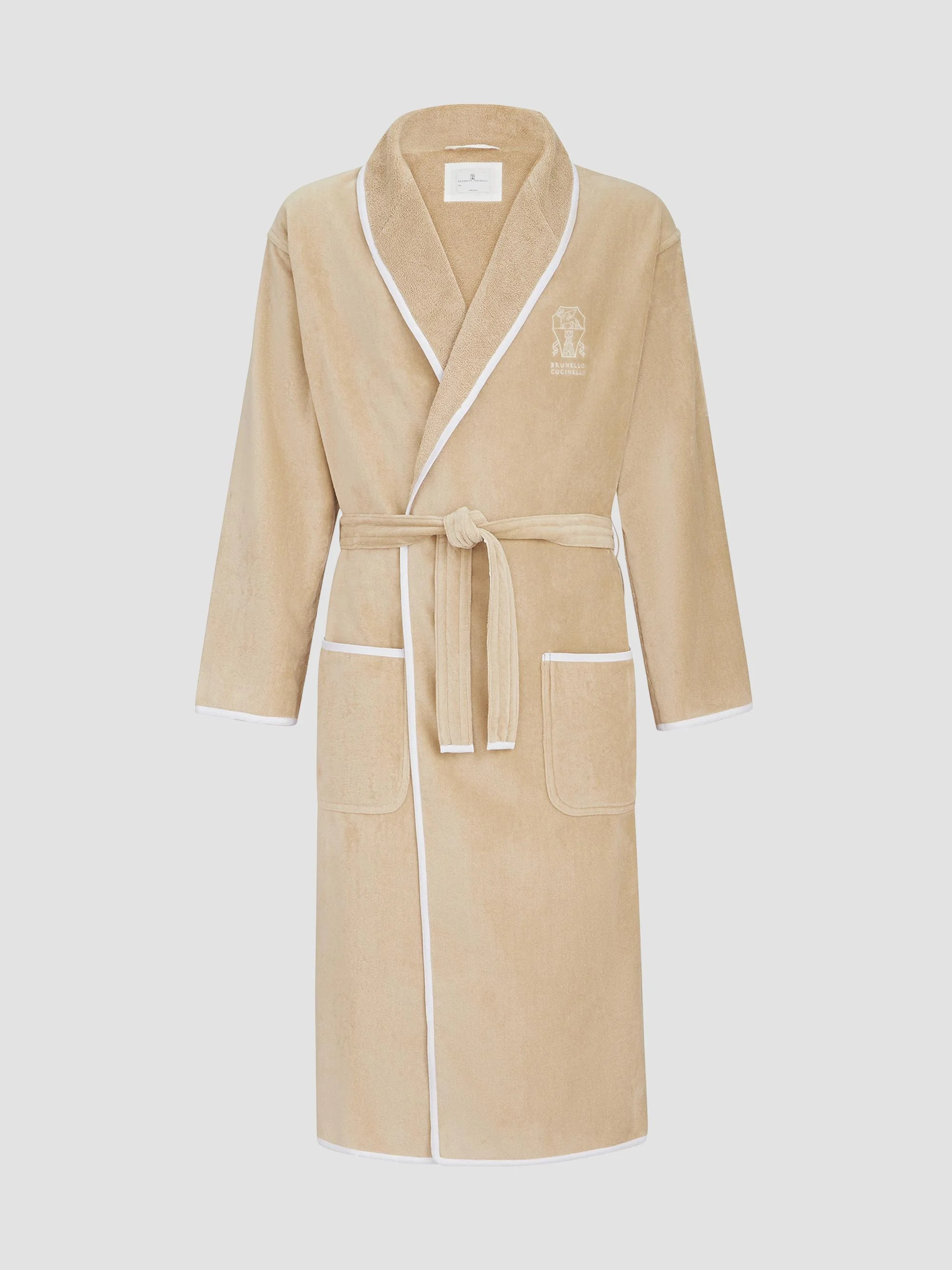 Women's Cotton Terrycloth Bathrobe with Linen Trims - Warm Beige - 1