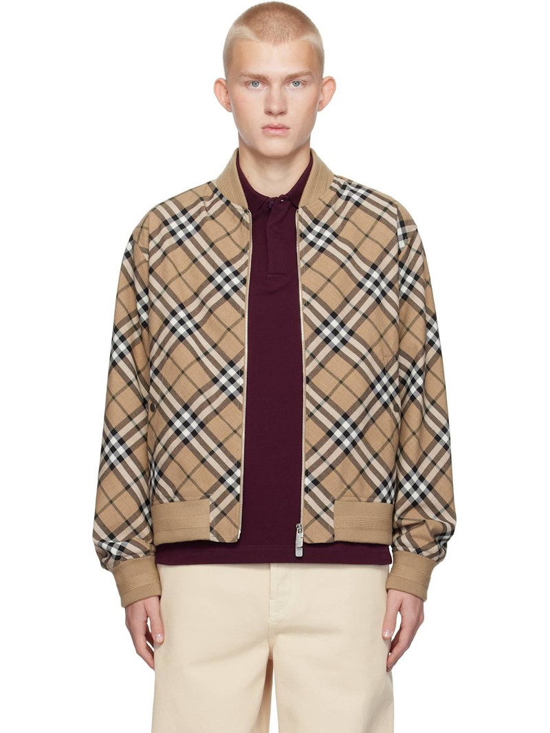 Beige Check Wool Blend Harrington Bomber Jacket - 1