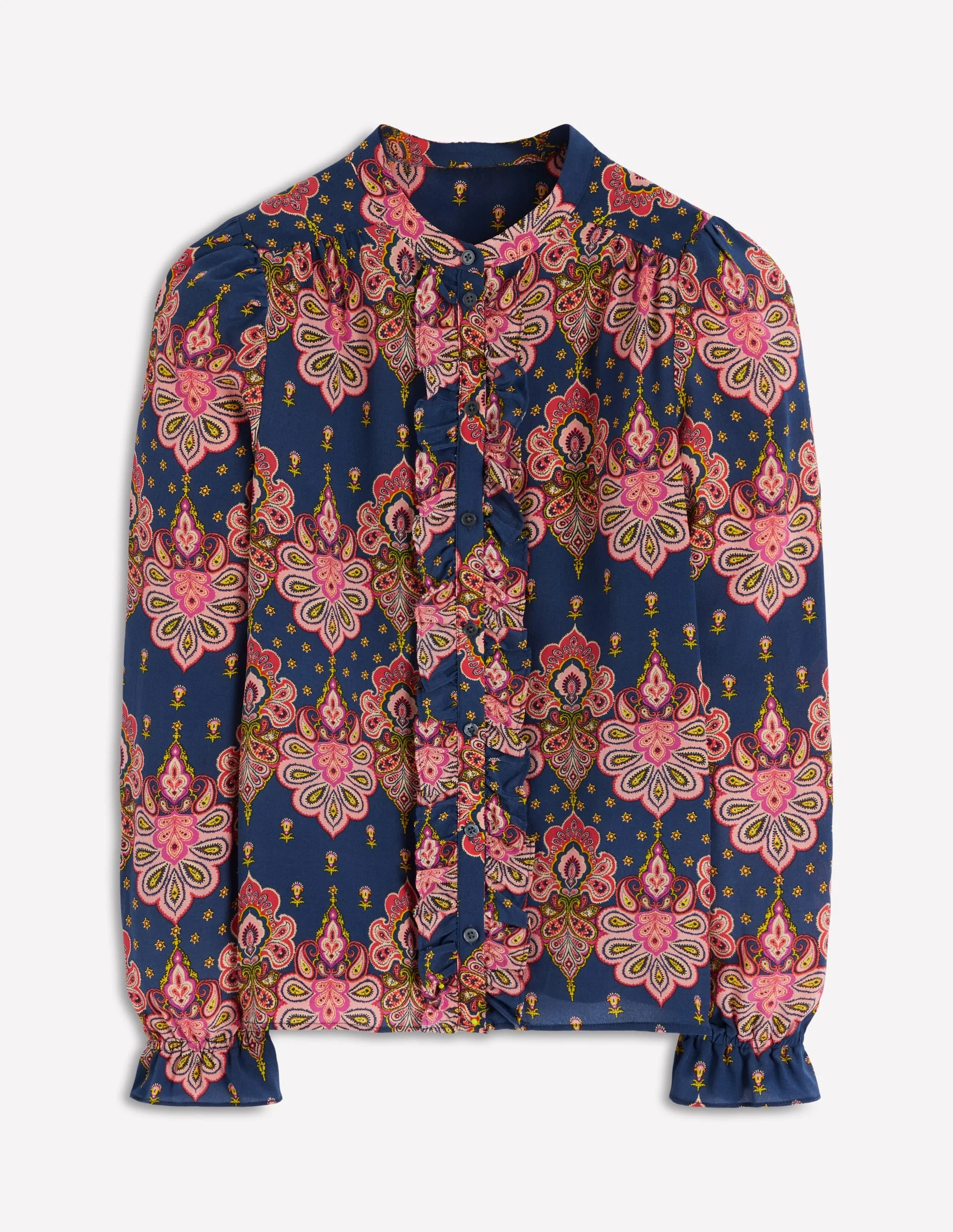 Alice Frill Front Silk Top-Navy, Embellished Paisley - 1