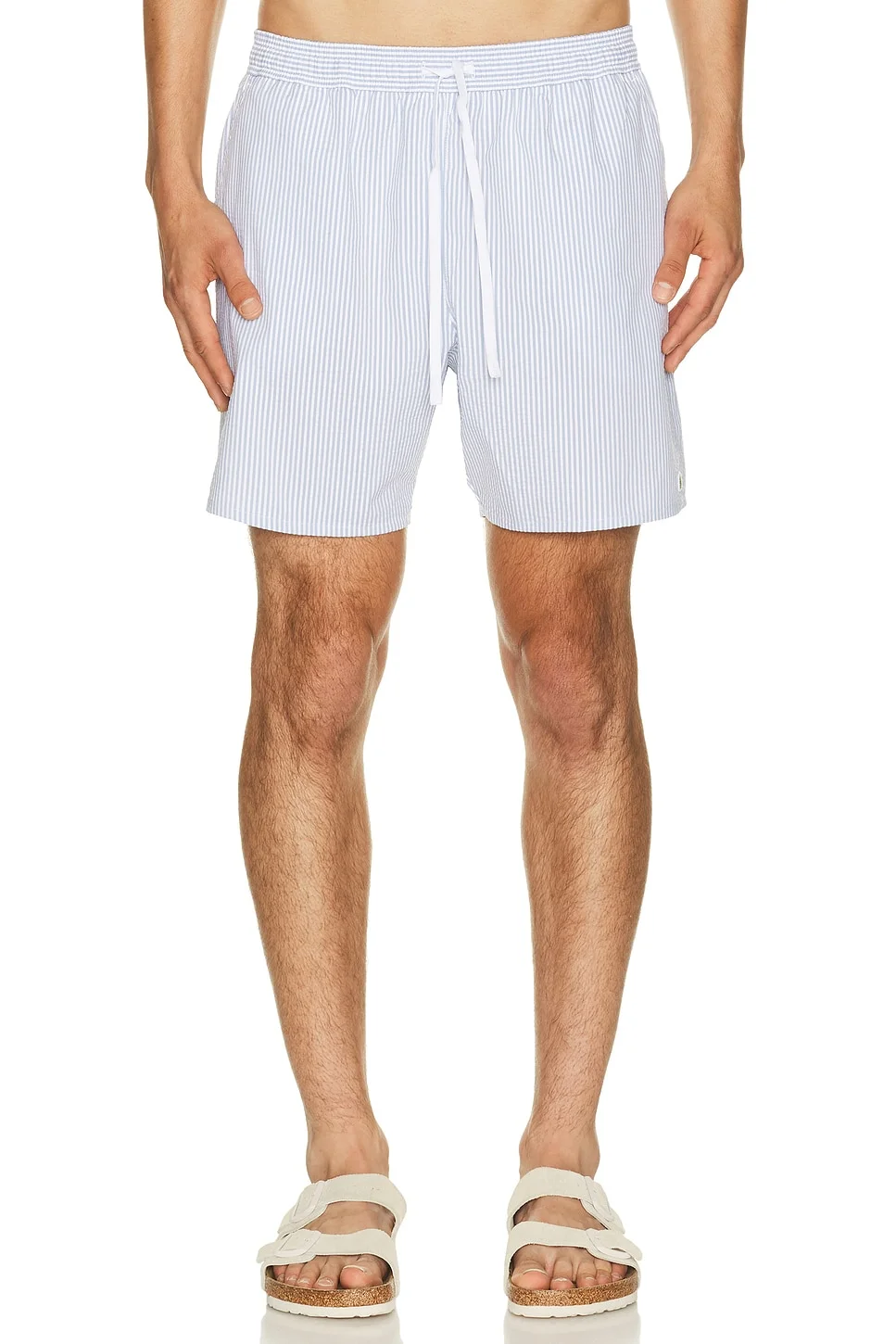 Mid Length Striped Textured Swim Trunk in White & Aphylla - 1