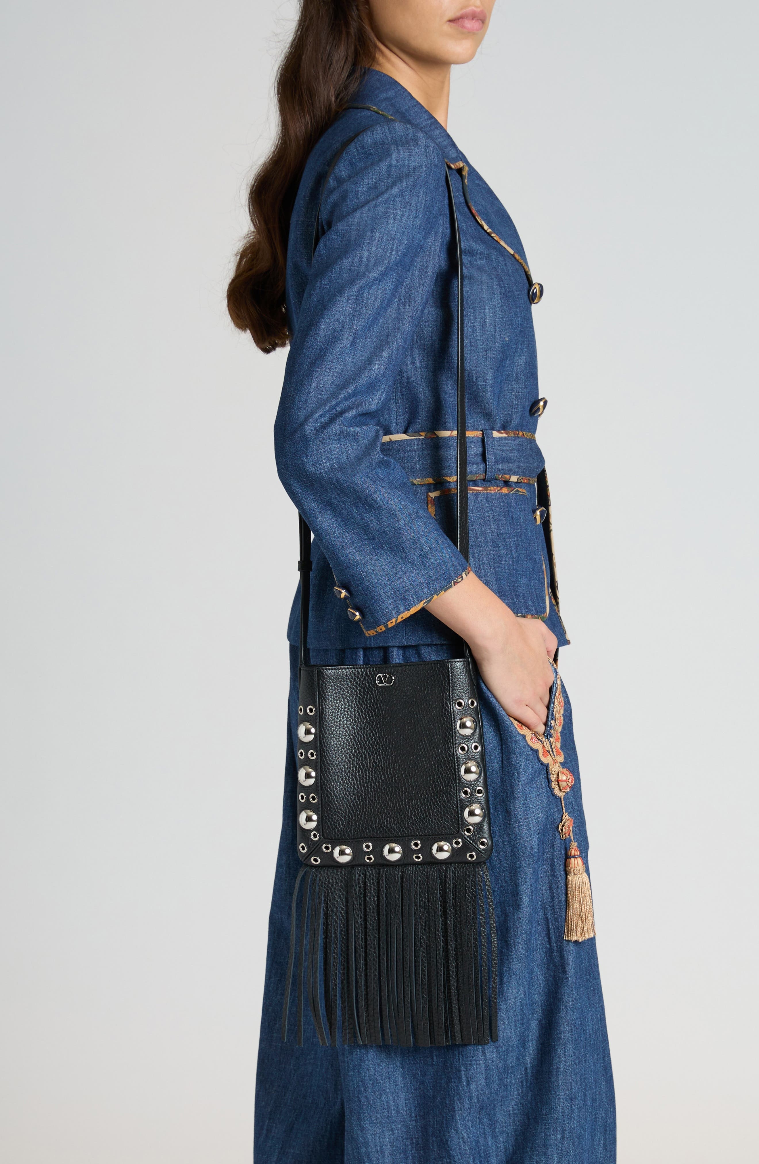 Valentino Garavani Small Nellcôte Fringe Stud Crossbody Bag in 0No Nero at Nordstrom - 7