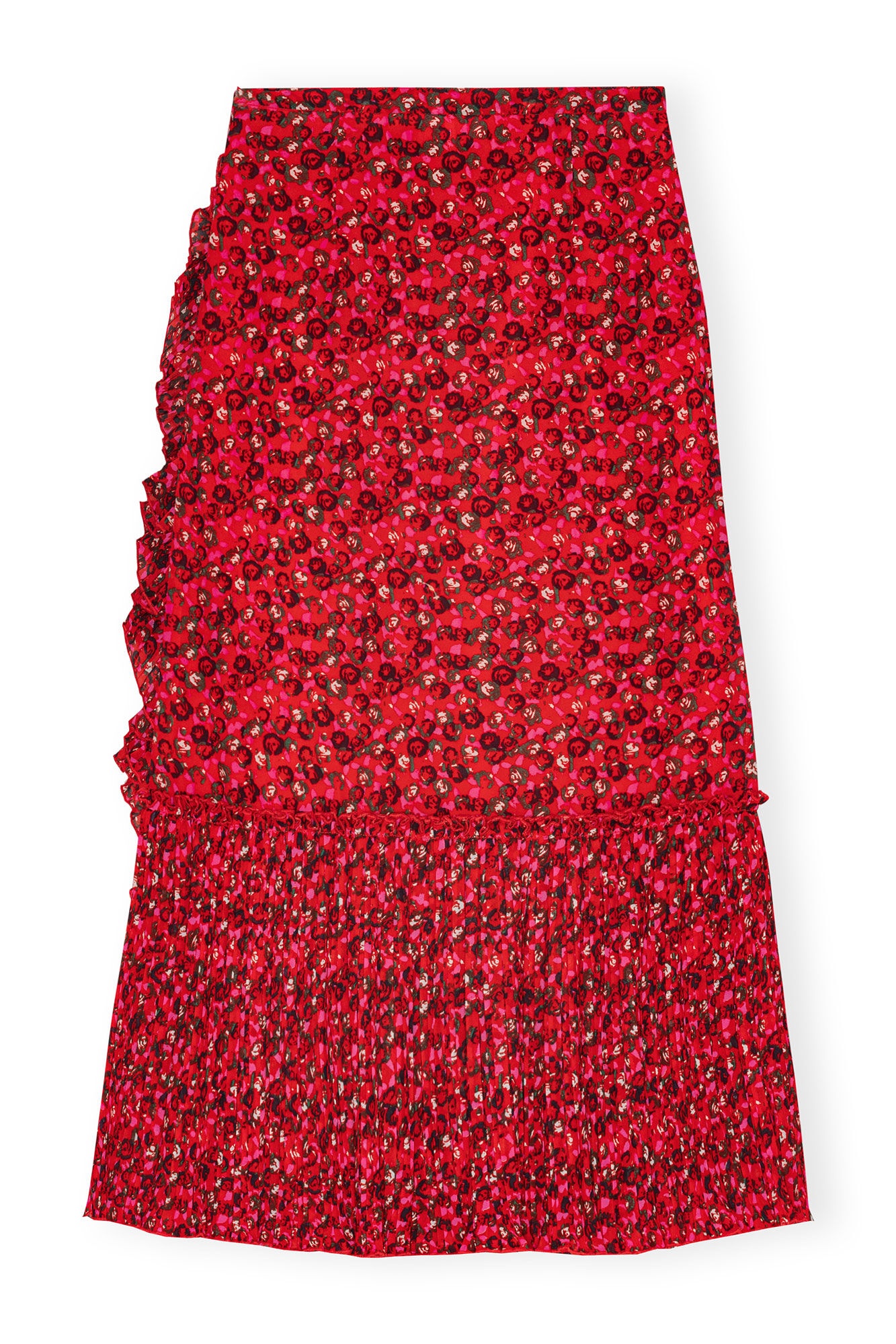 RED PLEATED GEORGETTE FLOUNCE MIDI SKIRT - 1