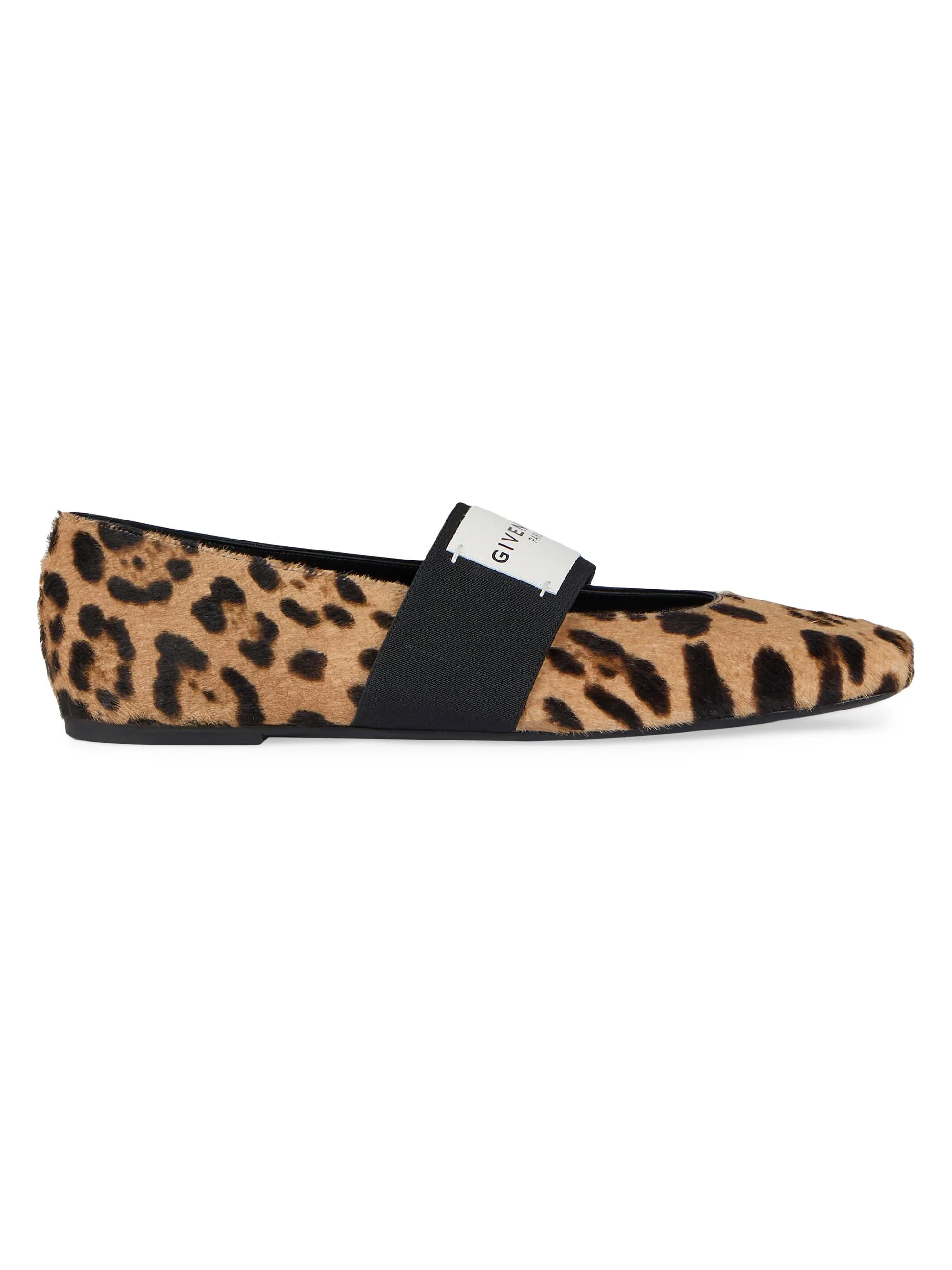Women's Sliced Square Ballerina Flats in Pony Leather with Leopard Pattern - Black Beige - 1