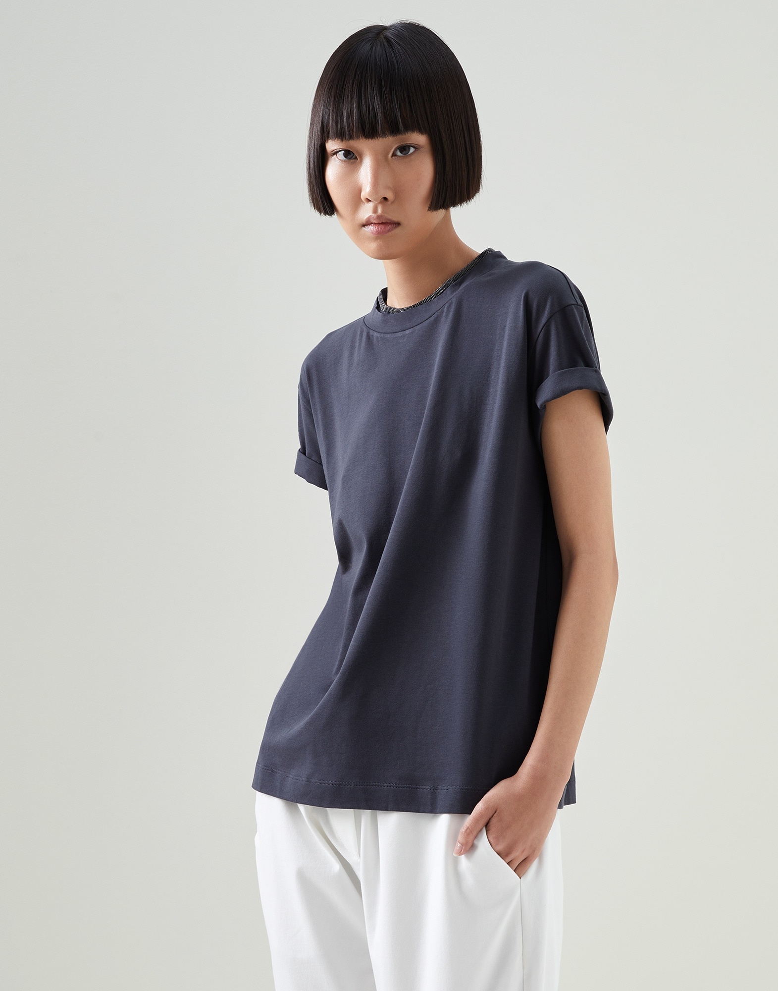 Stretch cotton jersey T-shirt with precious faux-layering - 1