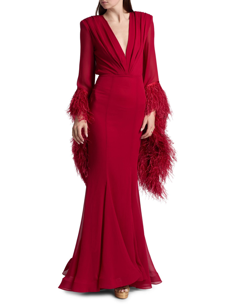 Women's Geisha V-Neck Feather Gown - Red 6
