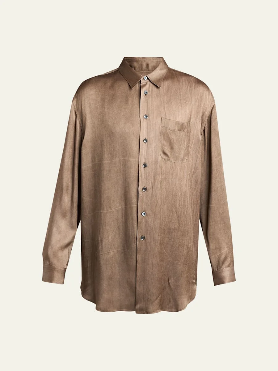 Men's Dyed Satin Oversized Button-Down Shirt with Pocket - 1