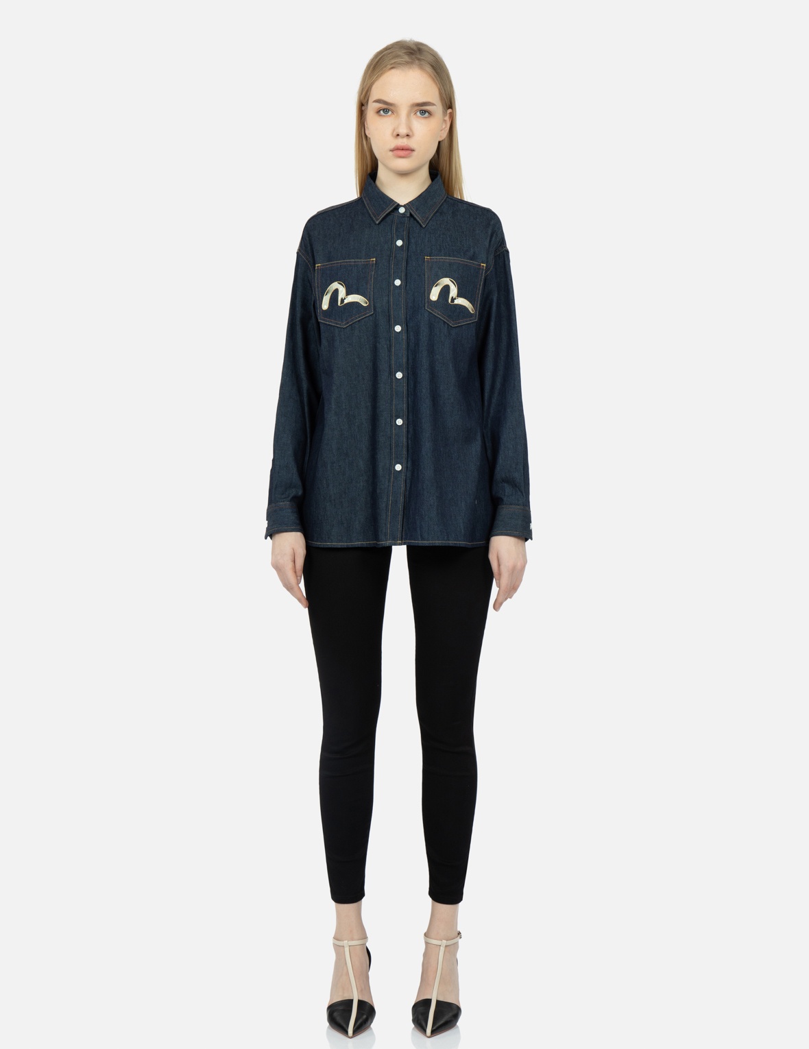 PEACOCK AND BROCADE FOIL-PRINT DENIM SHIRT - 6