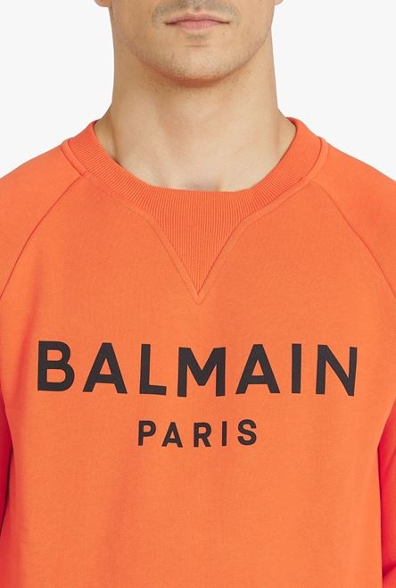 Orange cotton sweatshirt with black Balmain Paris logo print - 6