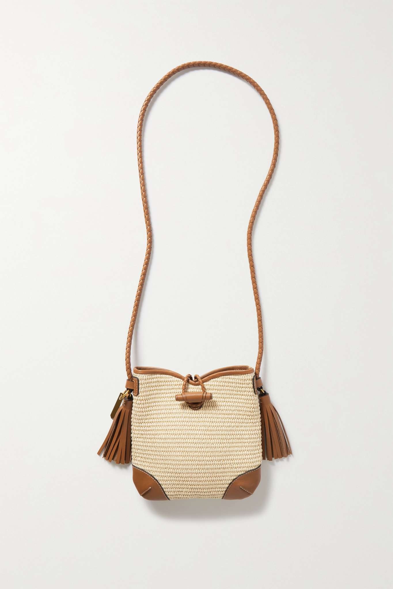 Taggy mini tasseled leather-trimmed woven raffia shoulder bag - 1