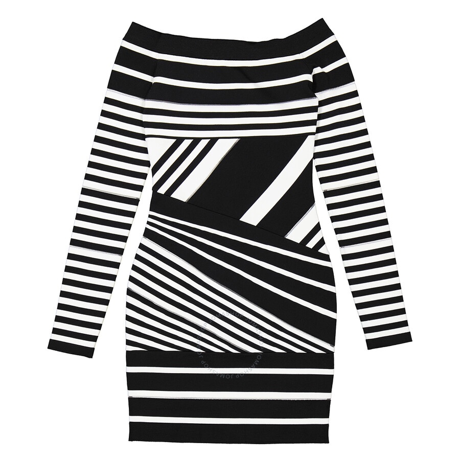 Balmain Ladies Black/White Off-Shoulder Jacquard-Stripe Mini Dress - 2