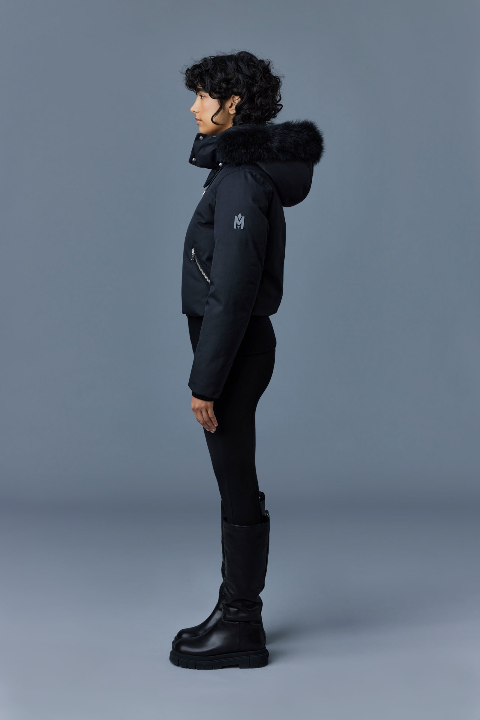 CORY Twill down bomber with removable hood and sheepskin trim for ladies - 3