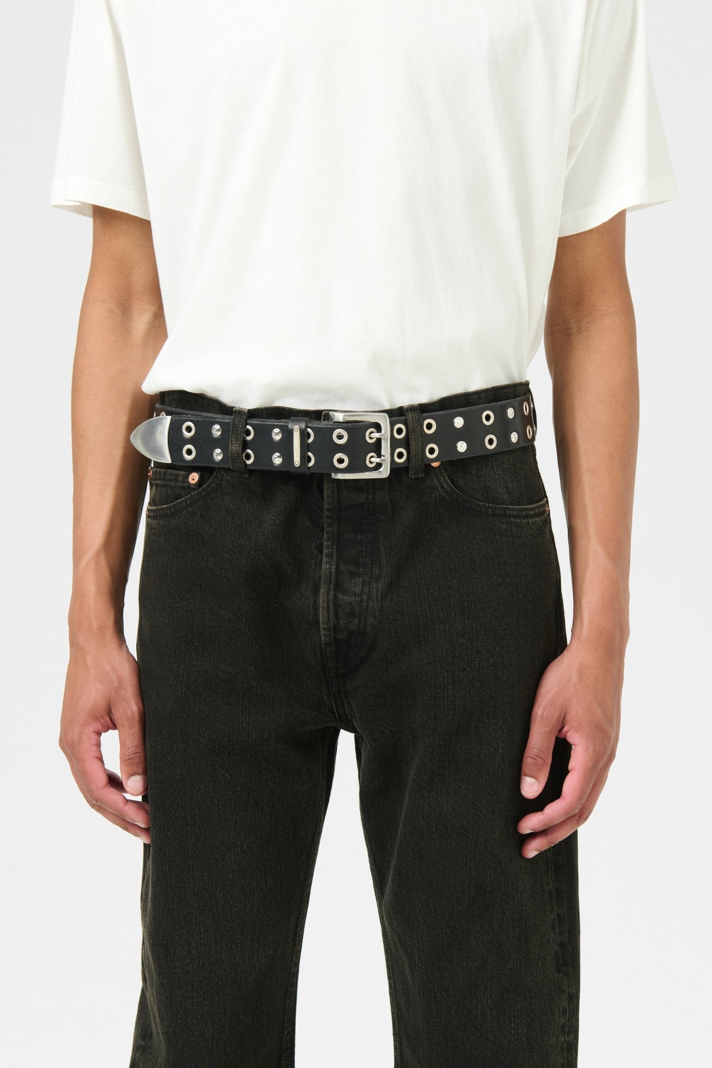Studded Double Tongue Belt Flecking Black Leather - 3