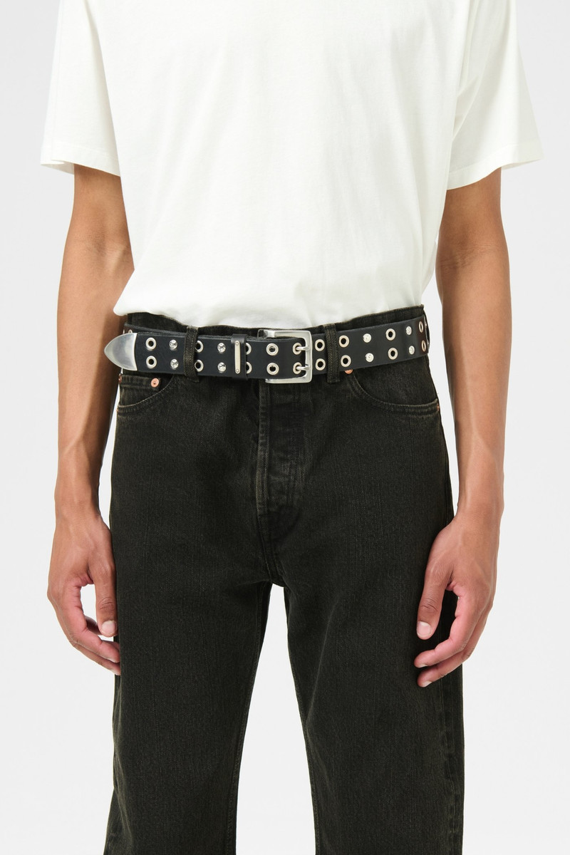Studded Double Tongue Belt Flecking Black Leather 3