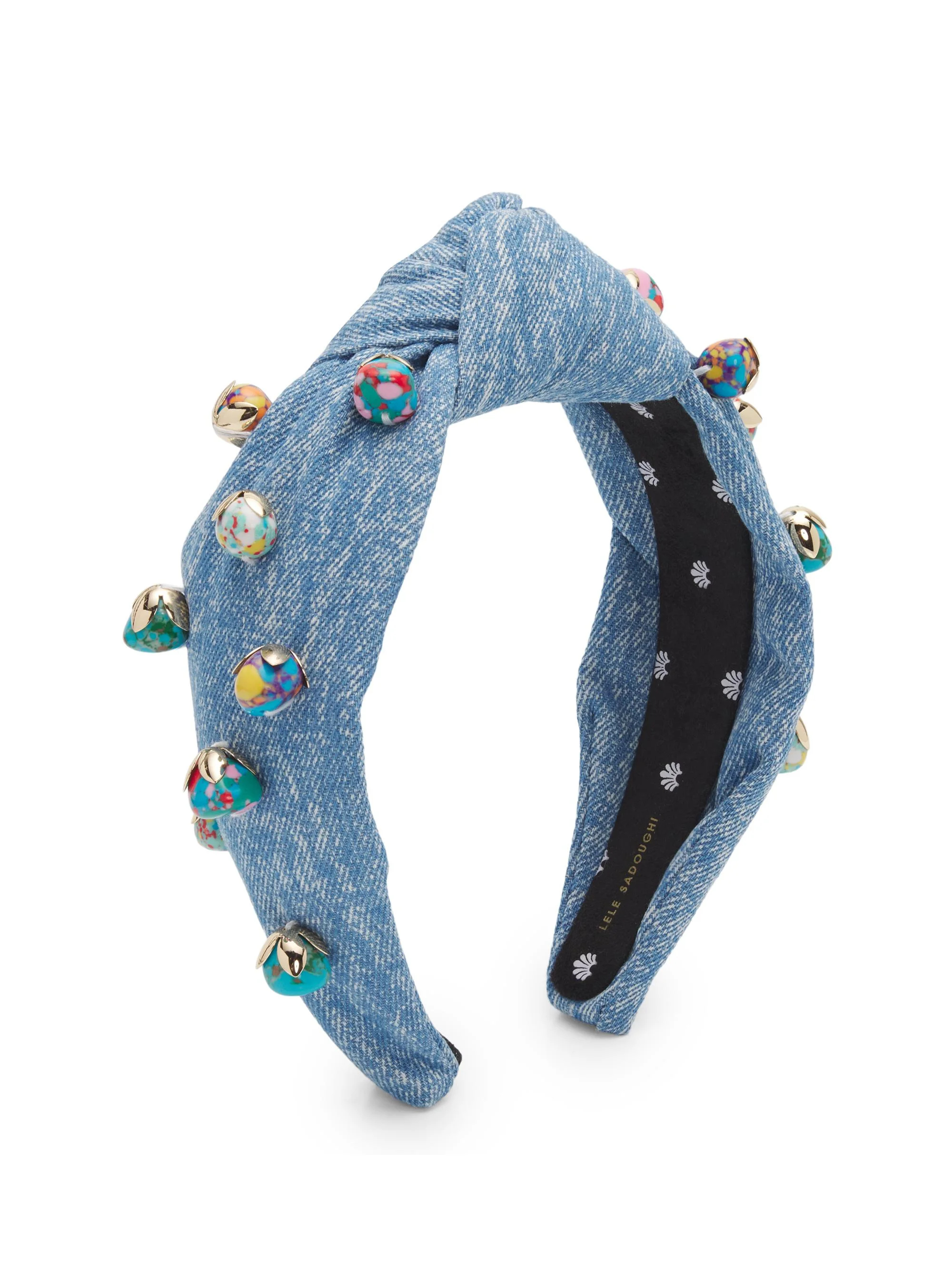 Women's Palm Beach Embellished Knotted Denim Headband - Washed Denim - 1