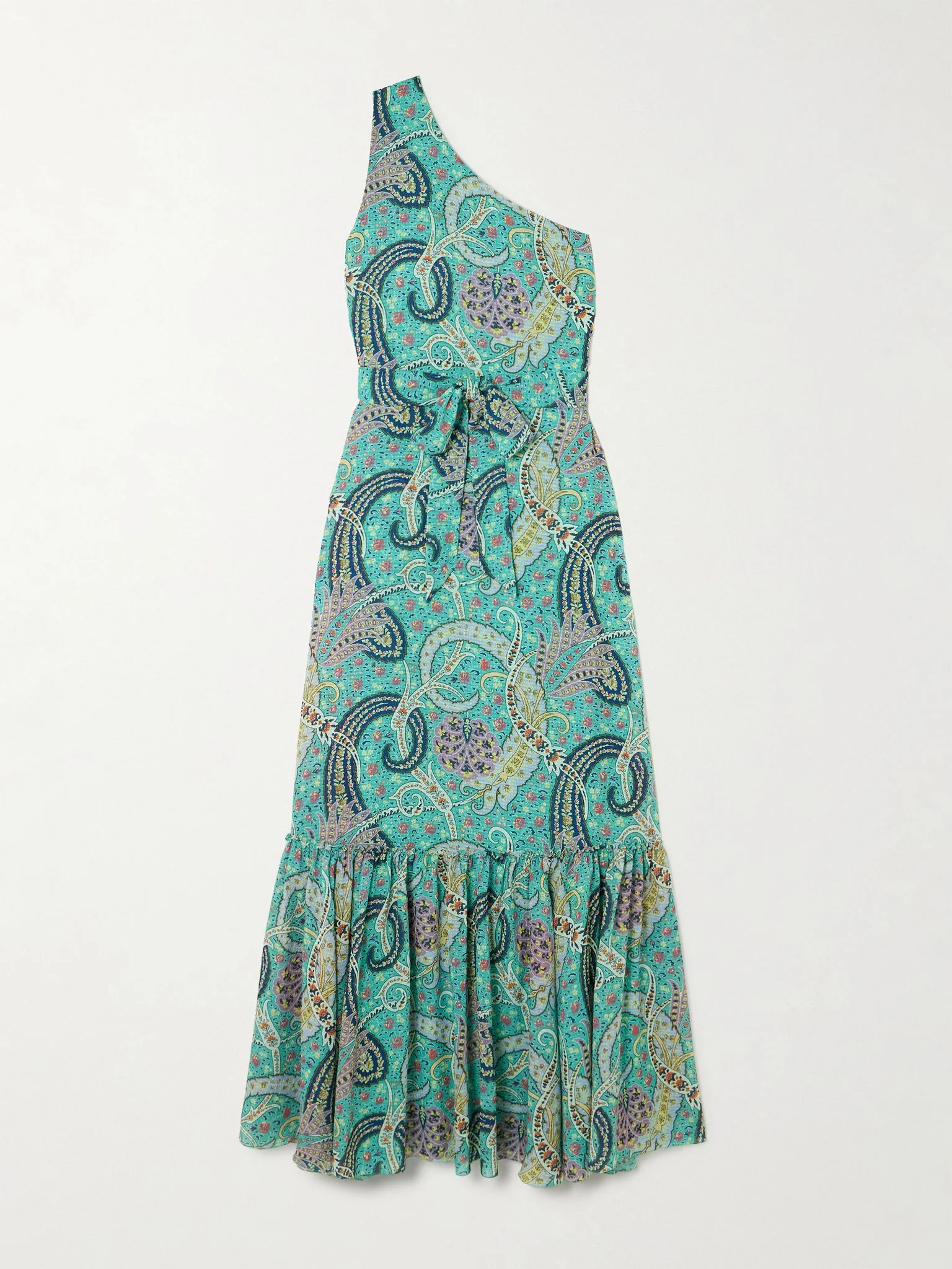 One-shoulder belted printed satin-jacquard maxi dress Light blue - 1
