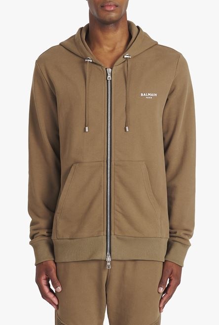 Taupe eco-designed cotton sweatshirt with small flocked white Balmain logo - 5