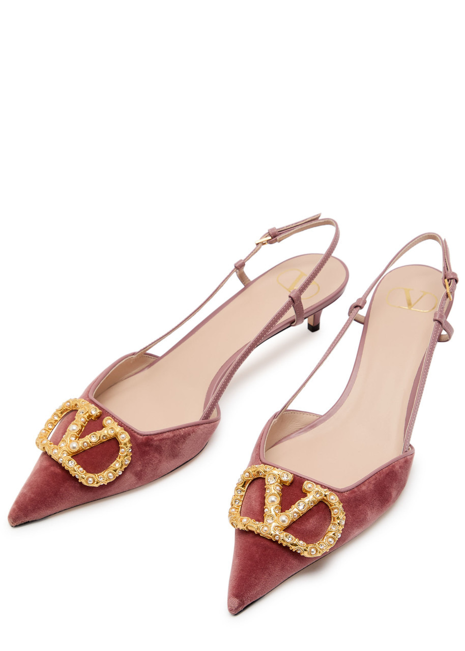 Valentino Vlogo Velvet and Leather Slingback Pumps - 3