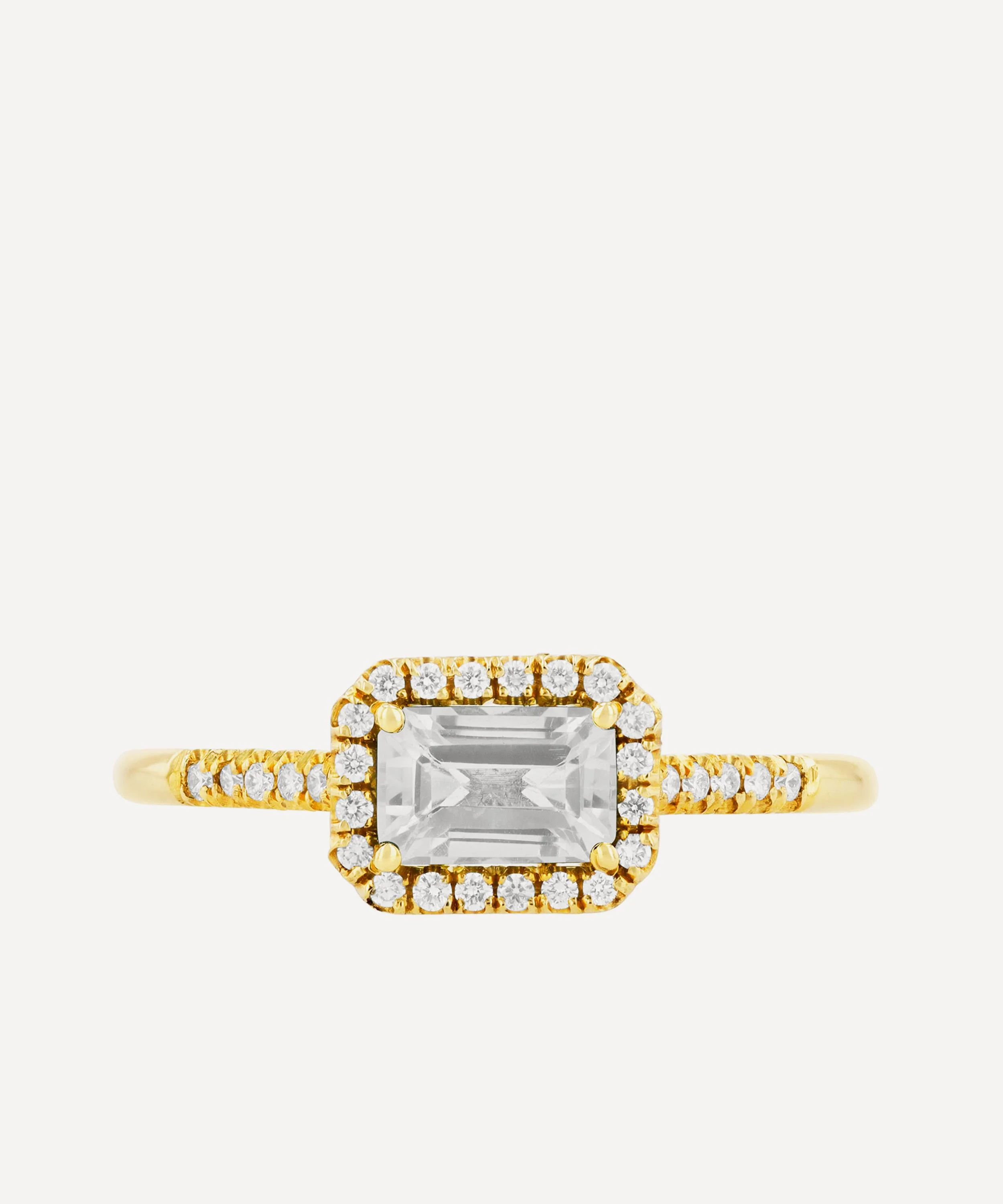 14ct Gold Emerald Cut White Topaz Diamond Halo Positano Ring - 1